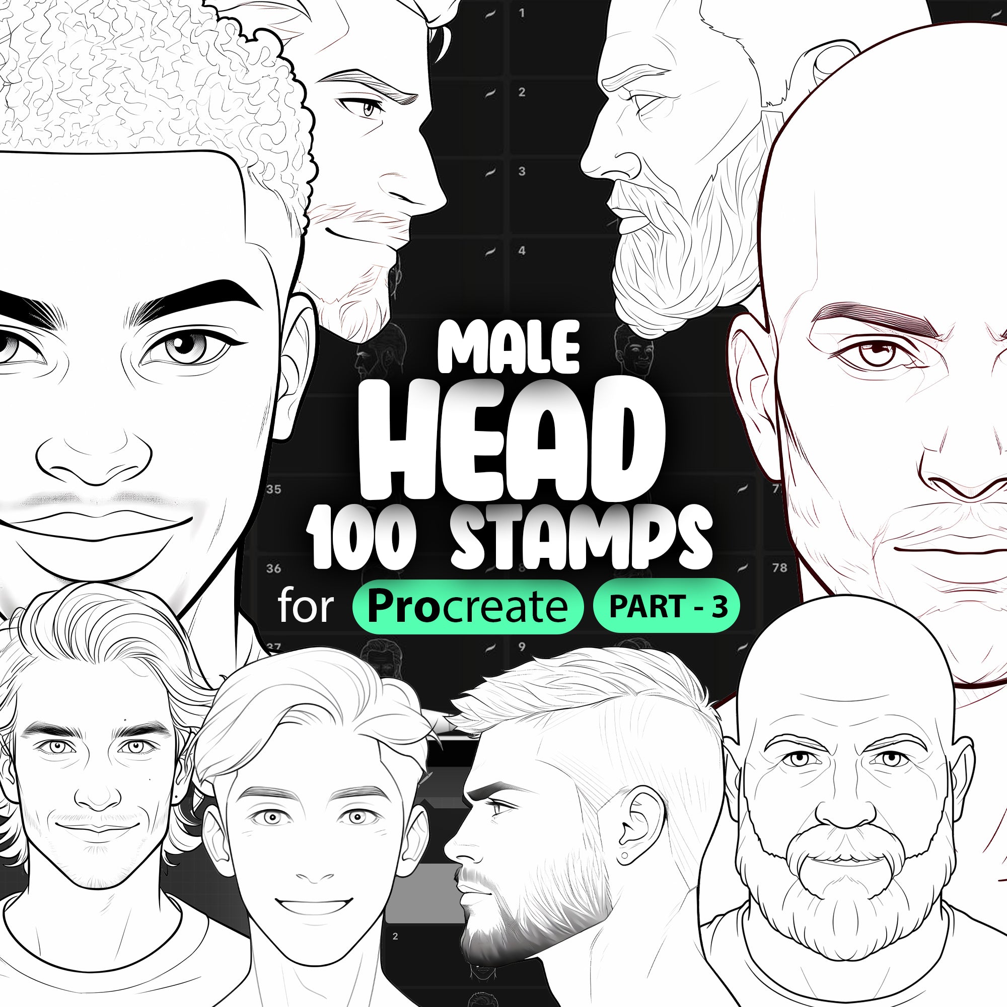 100 Procreate Male Head Stamps Part -3, Procreate Men Head Stamp Brushes, Procreate Man Head Stamp Brushes, Procreate Face Brushes