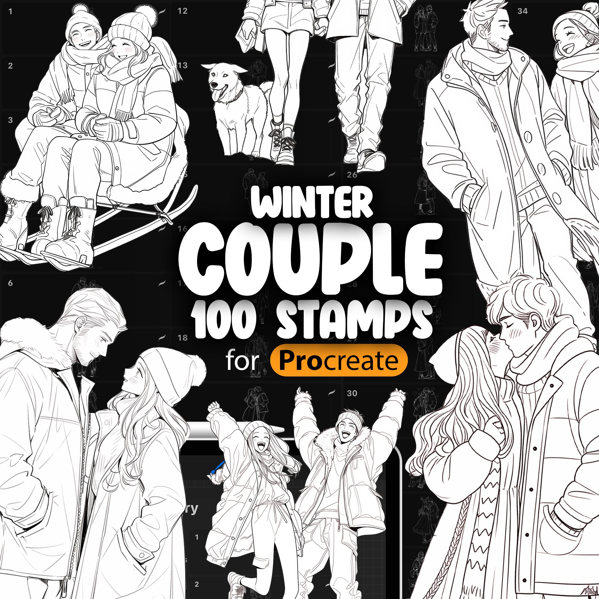 100 Procreate Winter Couple Stamps Brushes