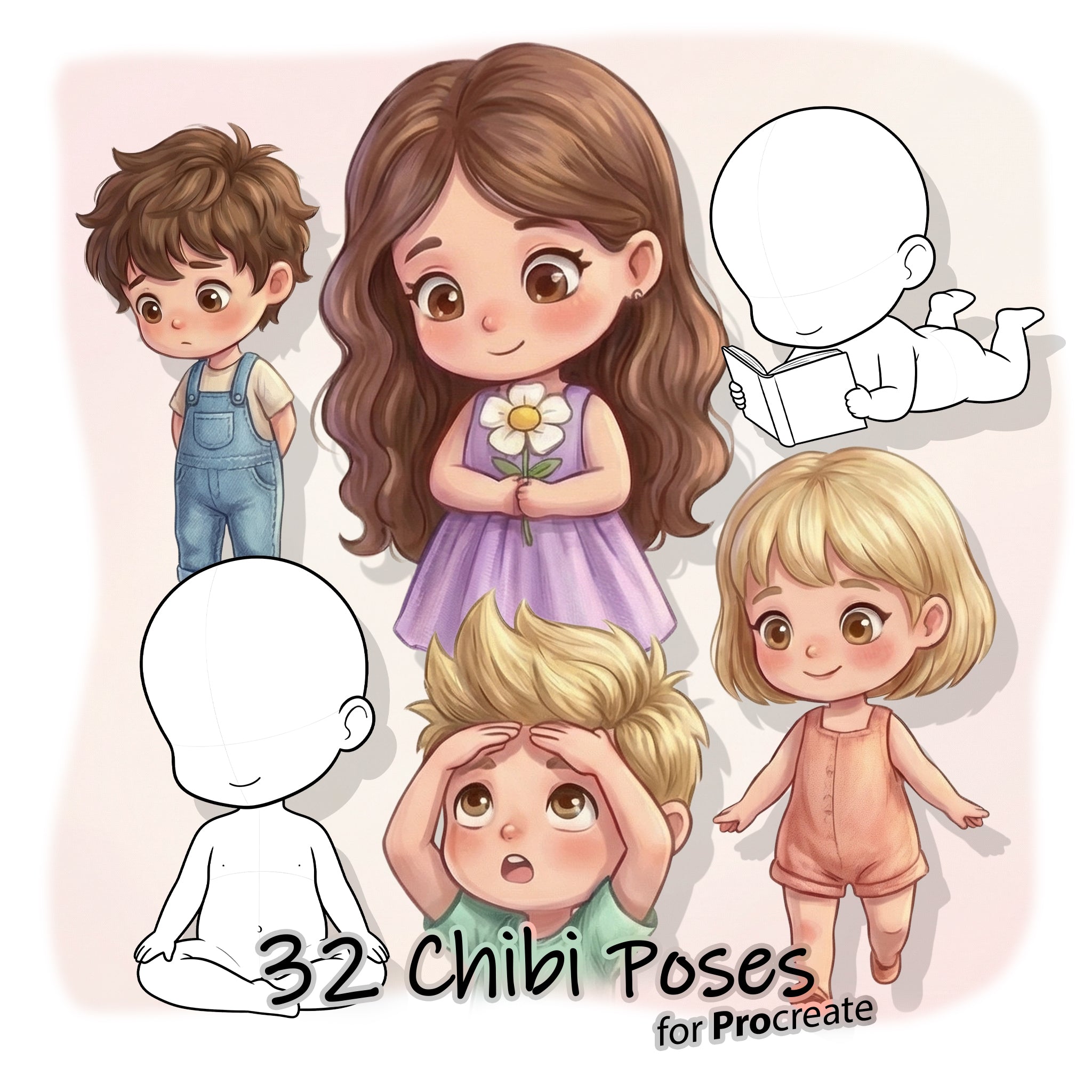 32 Procreate Chibi Poses Stamp Brushes