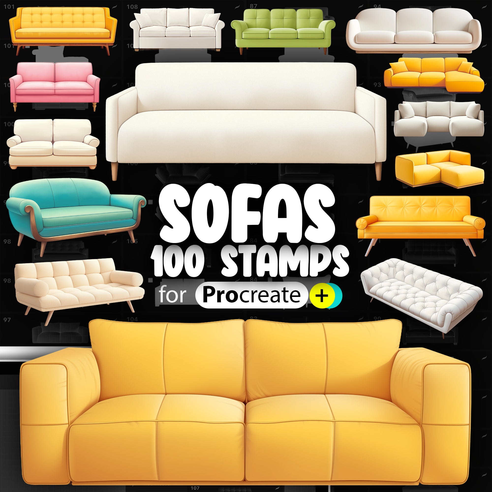 100 Procreate 2D Sofas Stamp Brushes