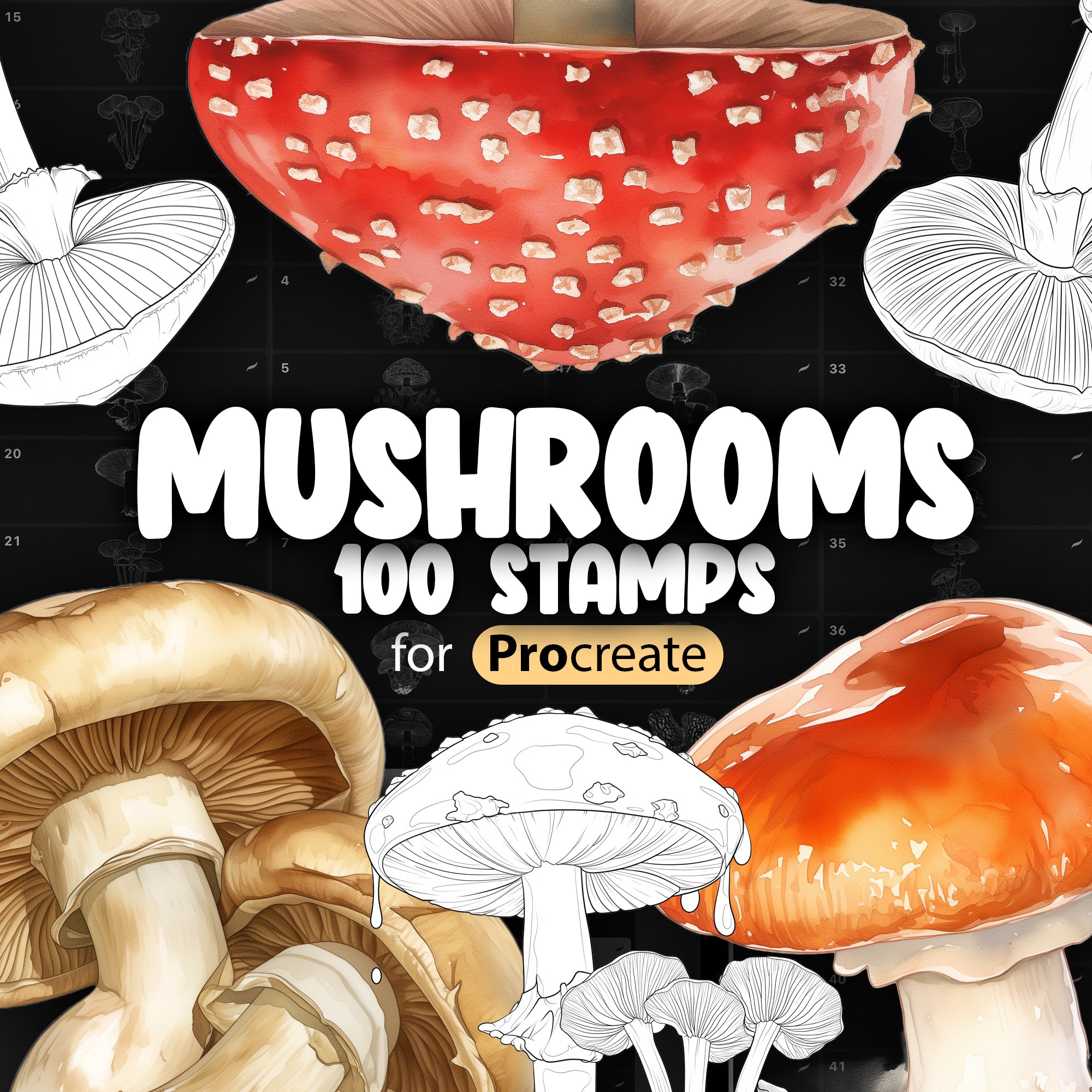 100 Procreate Mushrooms Stamp Brushes