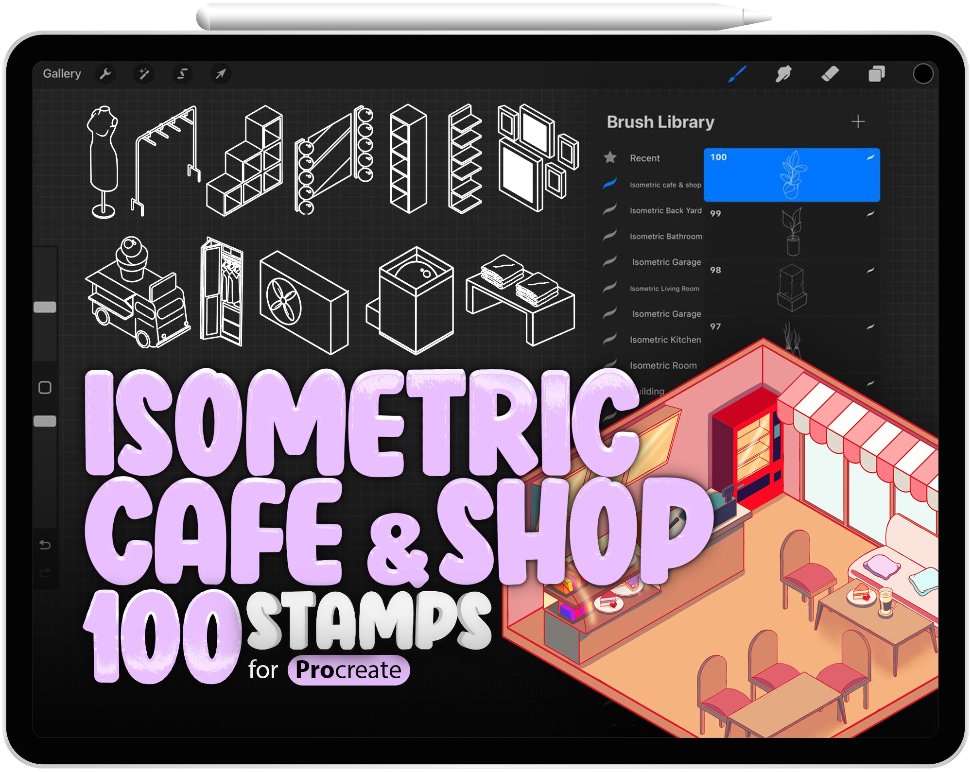 100 Cafe Isometric Brush for Procreate