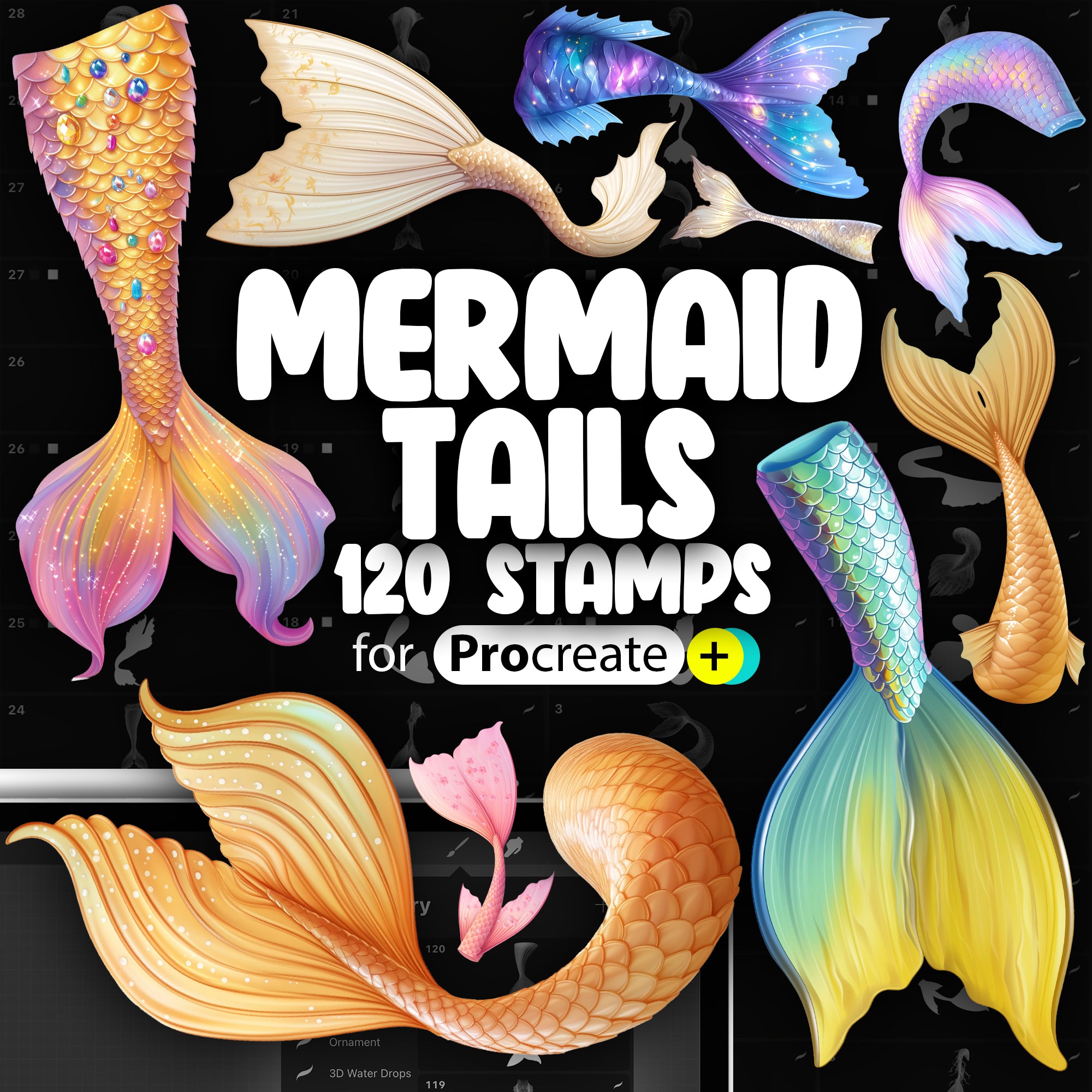 120 Procreate 2D Mermaid Tails Stamp Brushes