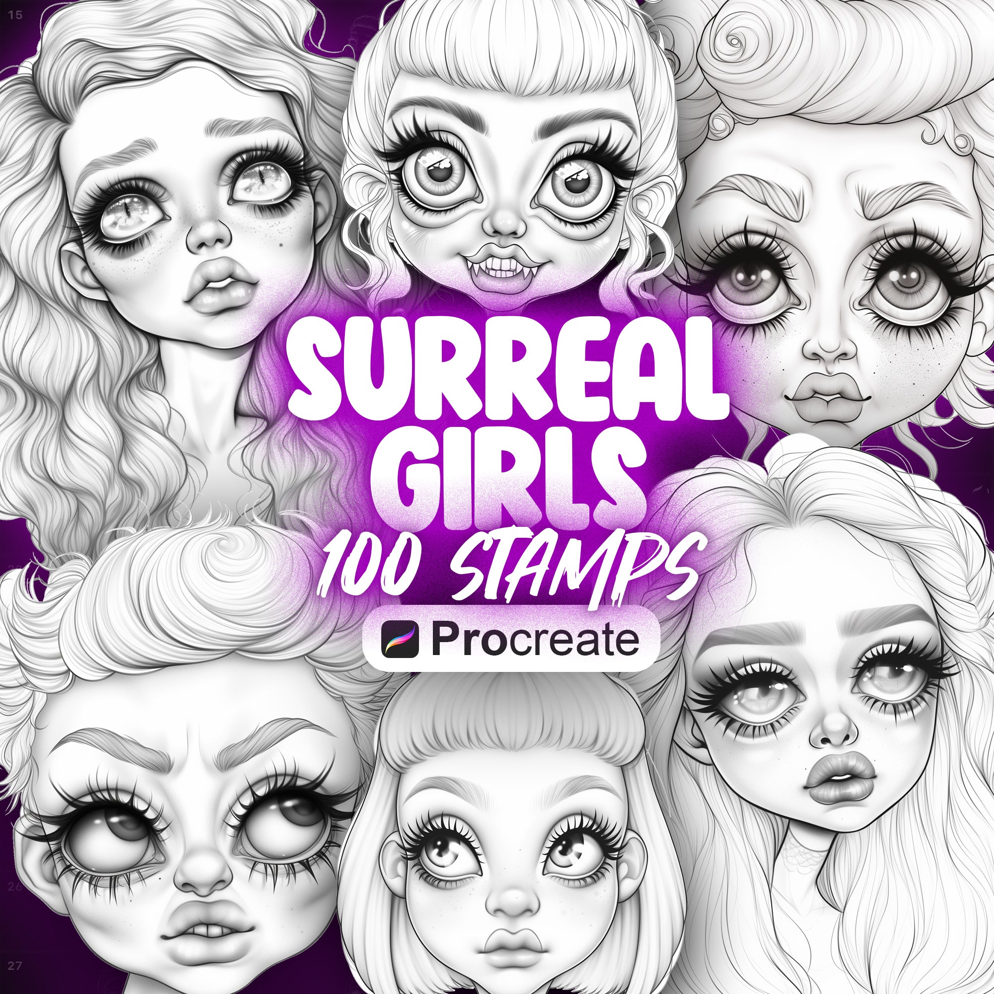 100 Procreate Surreal Girls Heads Stamps Brushes
