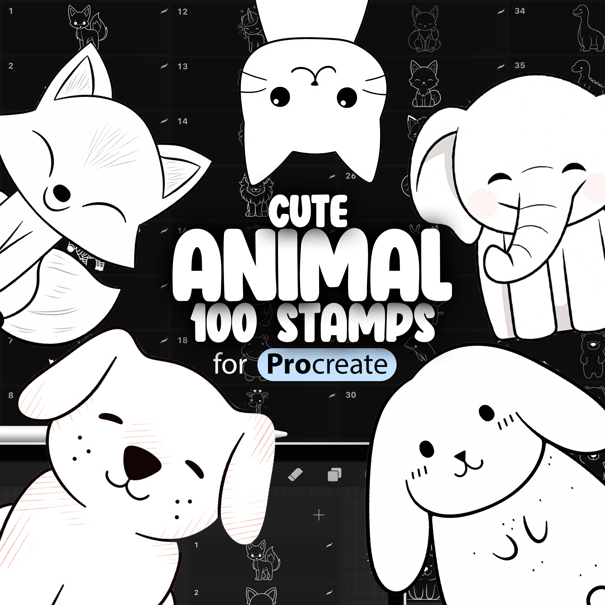 100 Procreate Cute Animal Stamps Brushes