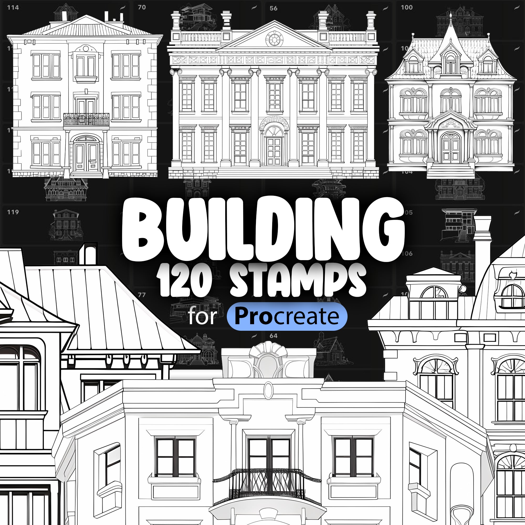 120 Procreate Buildings Sketches Stamp Brushes, Architecture Procreate Stamps, Modern Buildings Procreate Stamp Brush