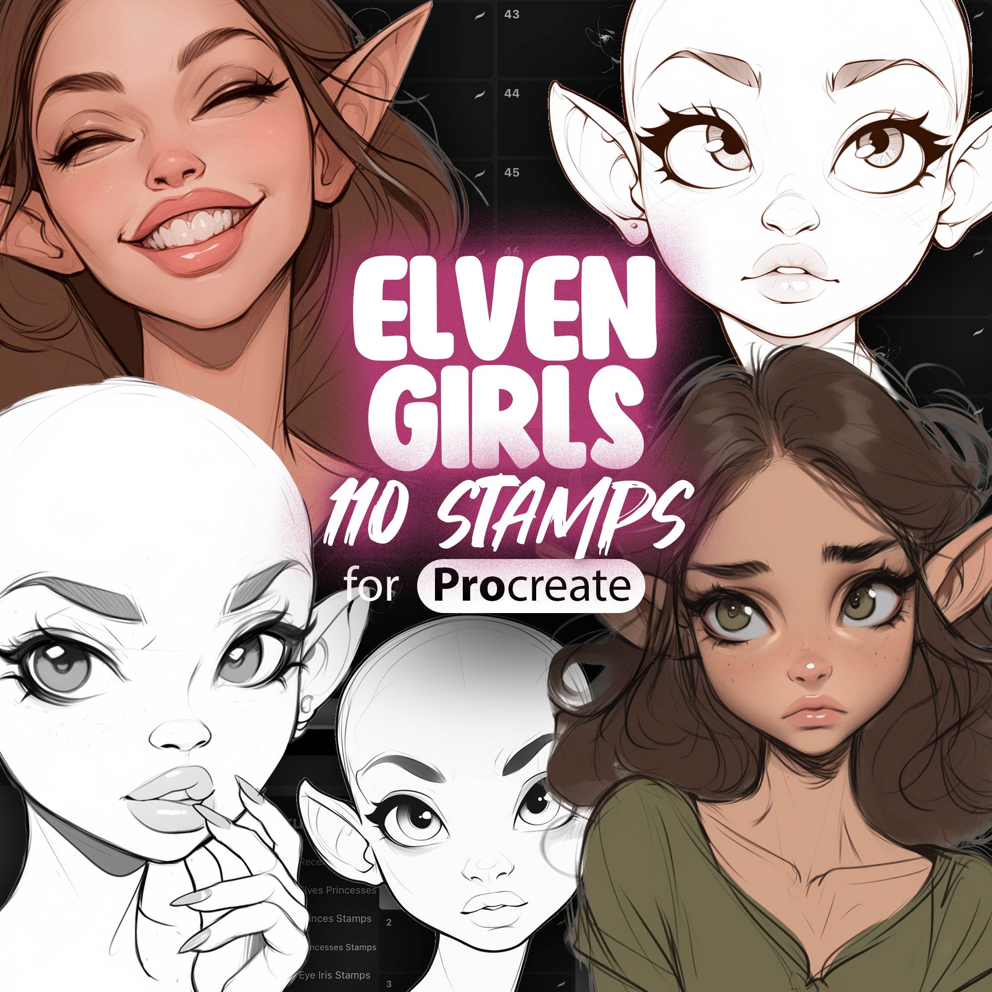 110 Procreate Elven Girls Princesses Stamps | Fairy Elf Stamps for Procreate | Procreate Cute Chibi Elves Stamps