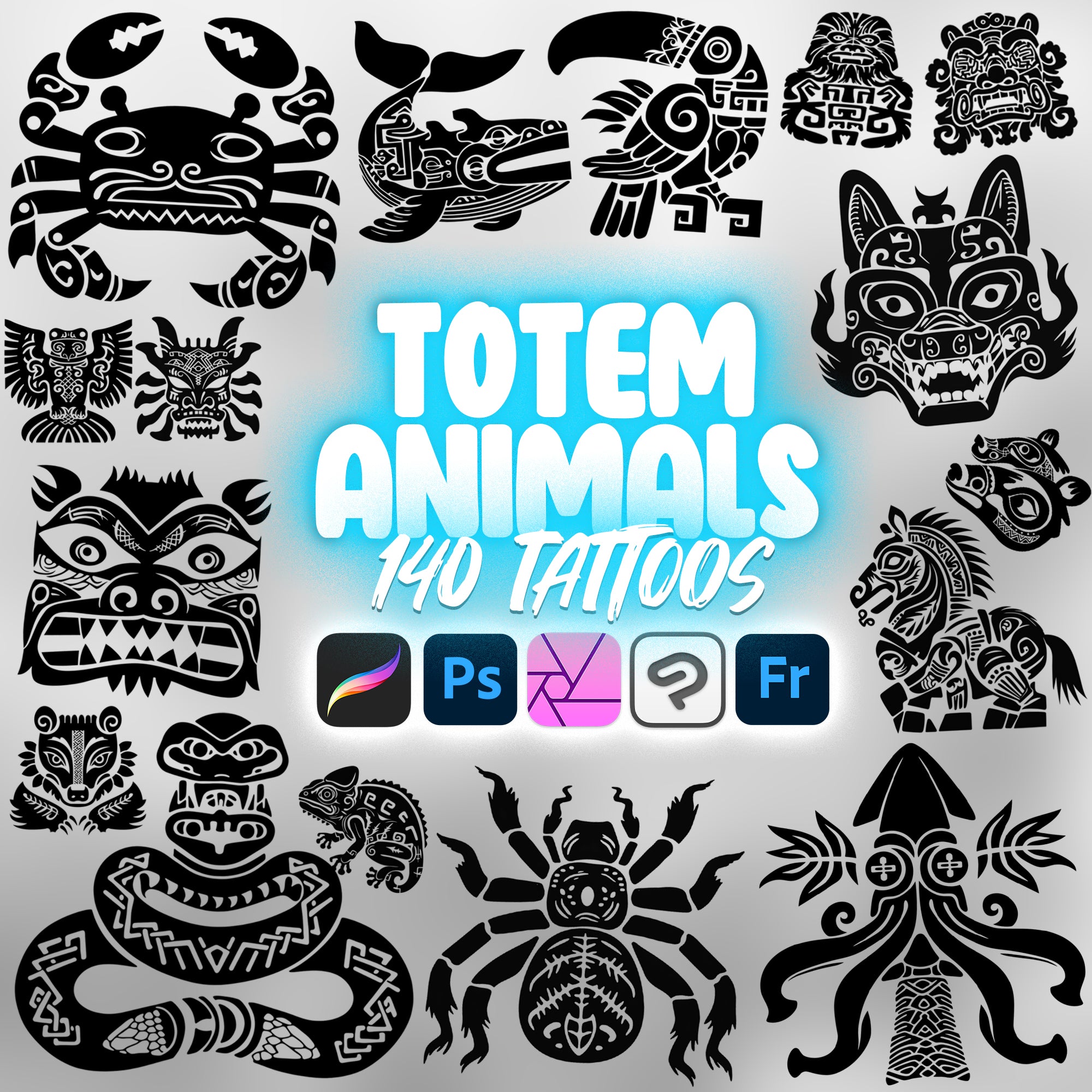 140 Totem Animals Tattoos Stamp Brushes for Procreate and Photoshop