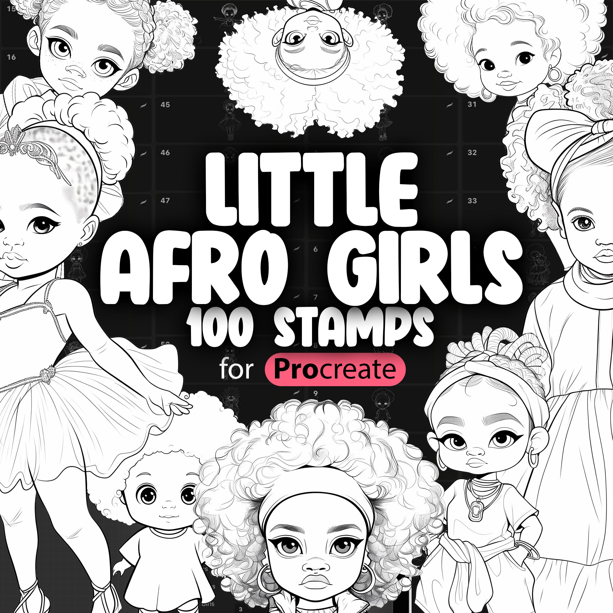 100 Procreate Afro Little Girls Stamps Brushes