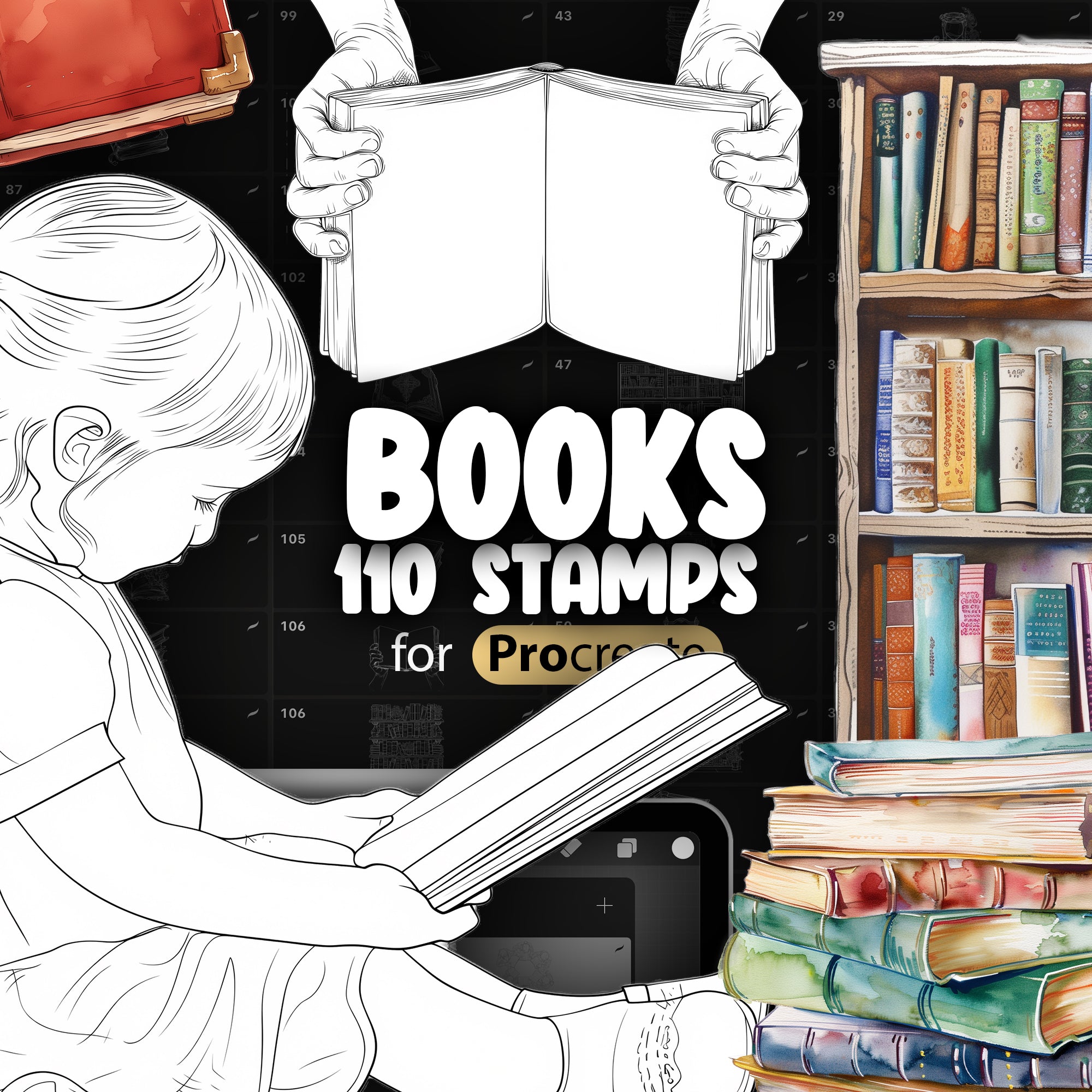 110 Procreate Books Stamp Brushes, Procreate Open Book Stamps, Procreate Reading Book Stamp, Procreate Magic Book Stamps