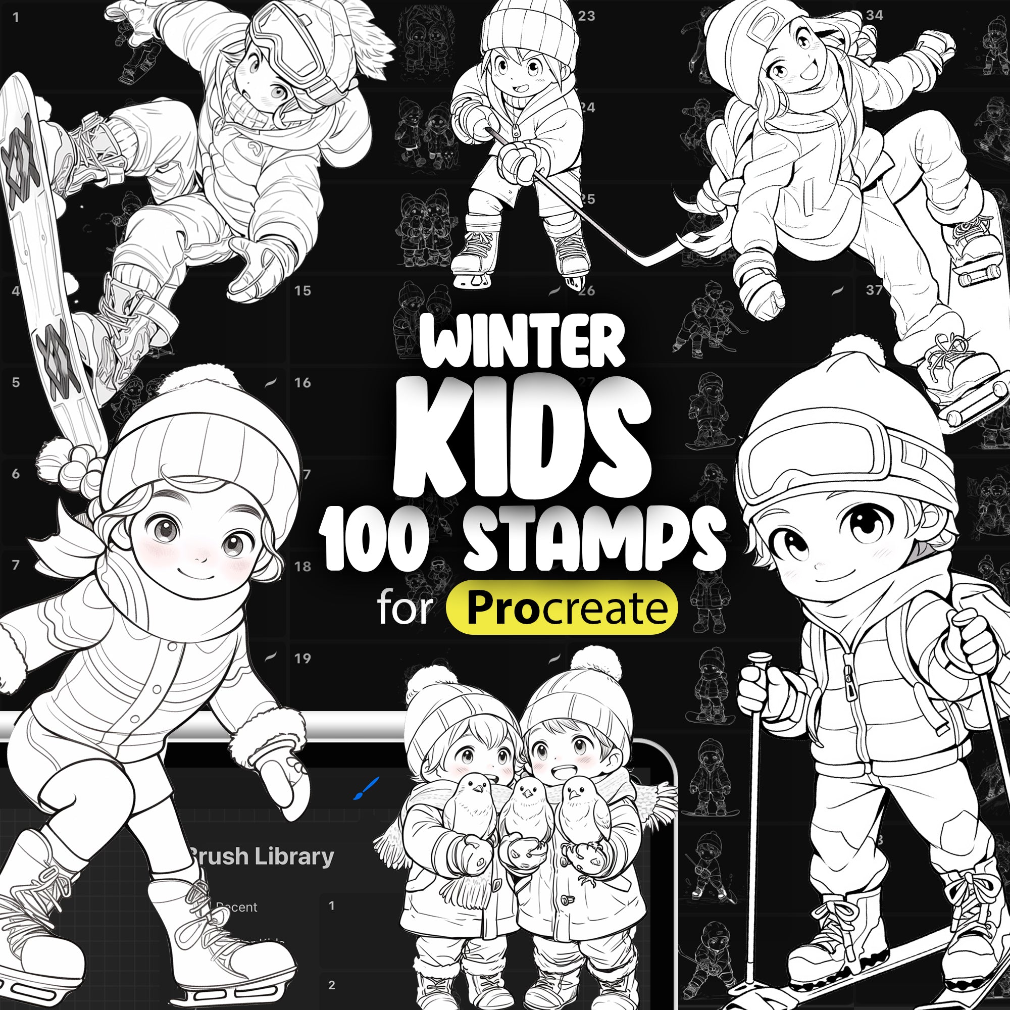 100 Procreate Kids Winter Sport Stamps Brushes