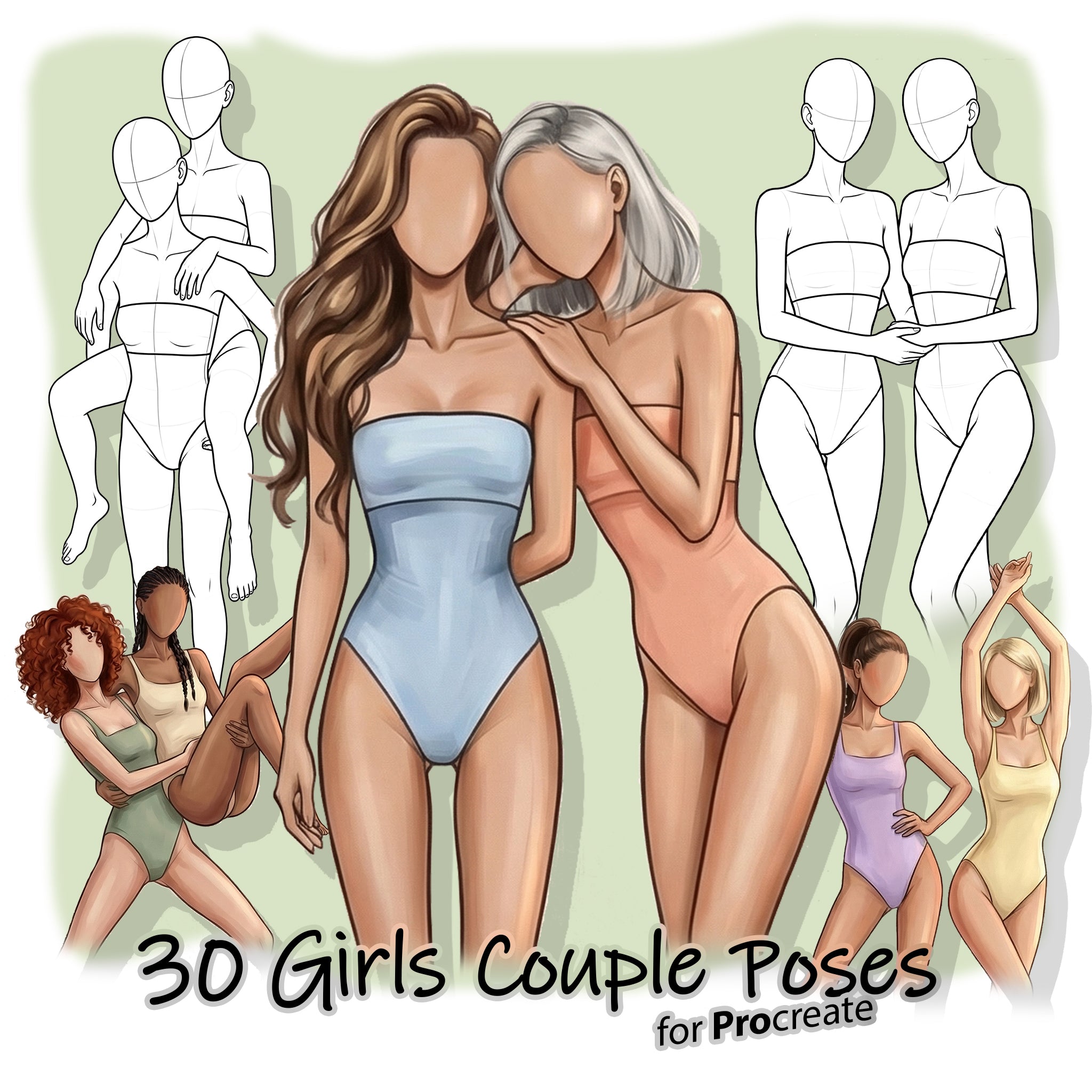 30 Procreate Girls Couple Poses Stamp Brushes