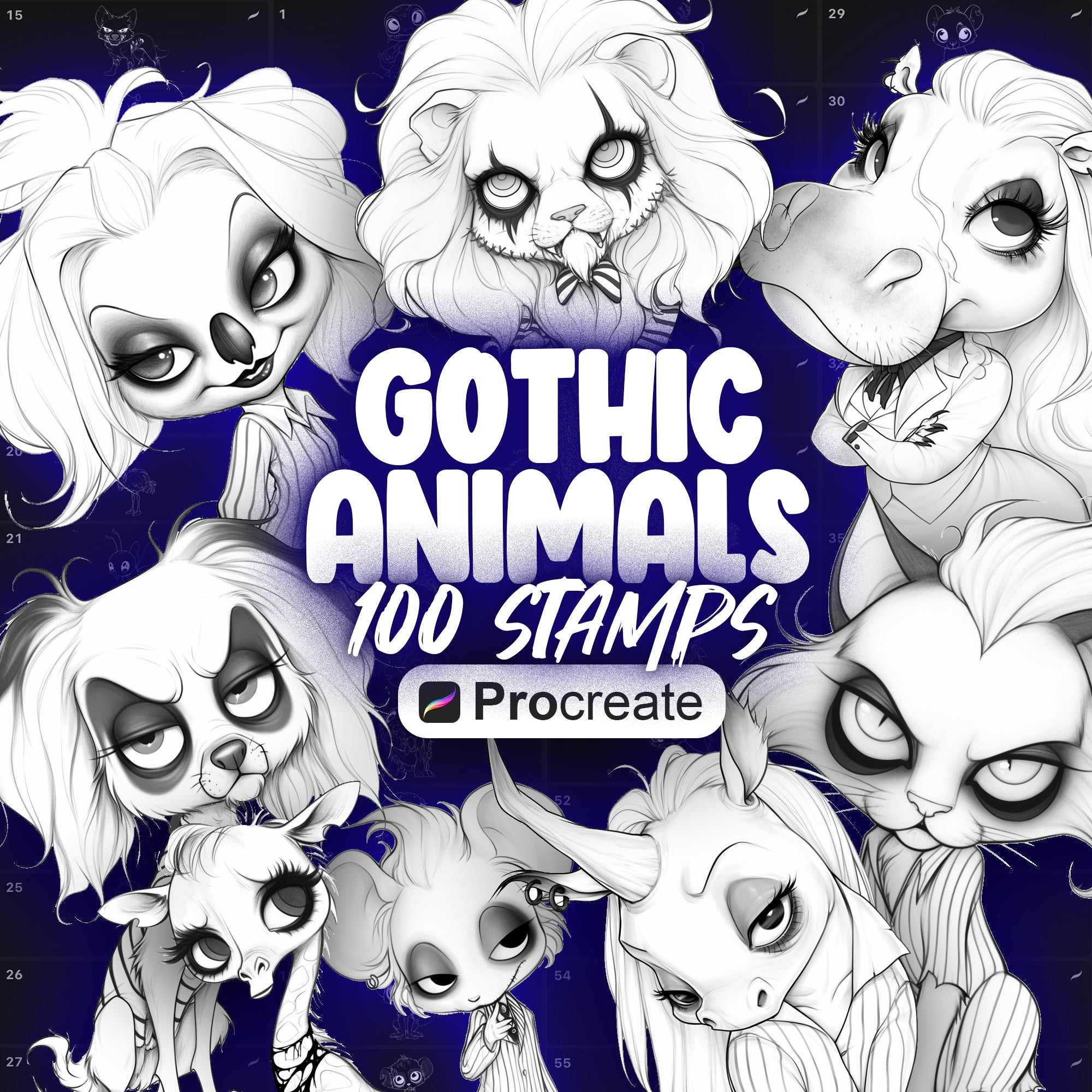 100 Procreate Gothic Beetlejuice Animals Stamp Brushes