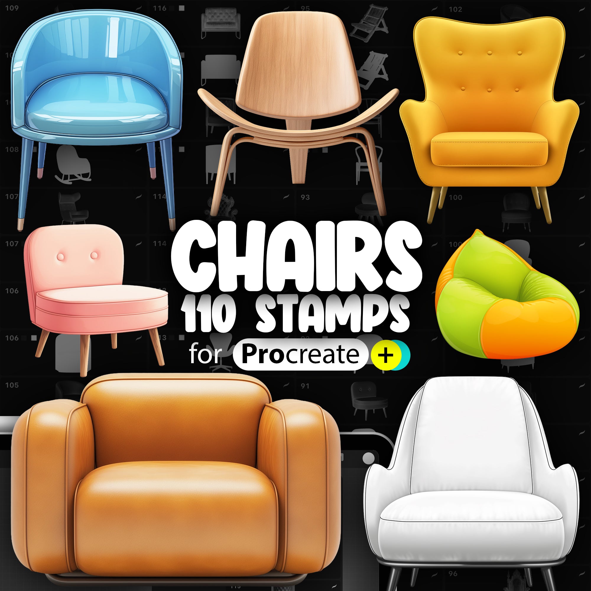110 Procreate 3D Chairs Stamp Brushes | Procreate Furniture Stamp Brushes | Procreate Wood Chair Stamp | Procreate Seat Stamps