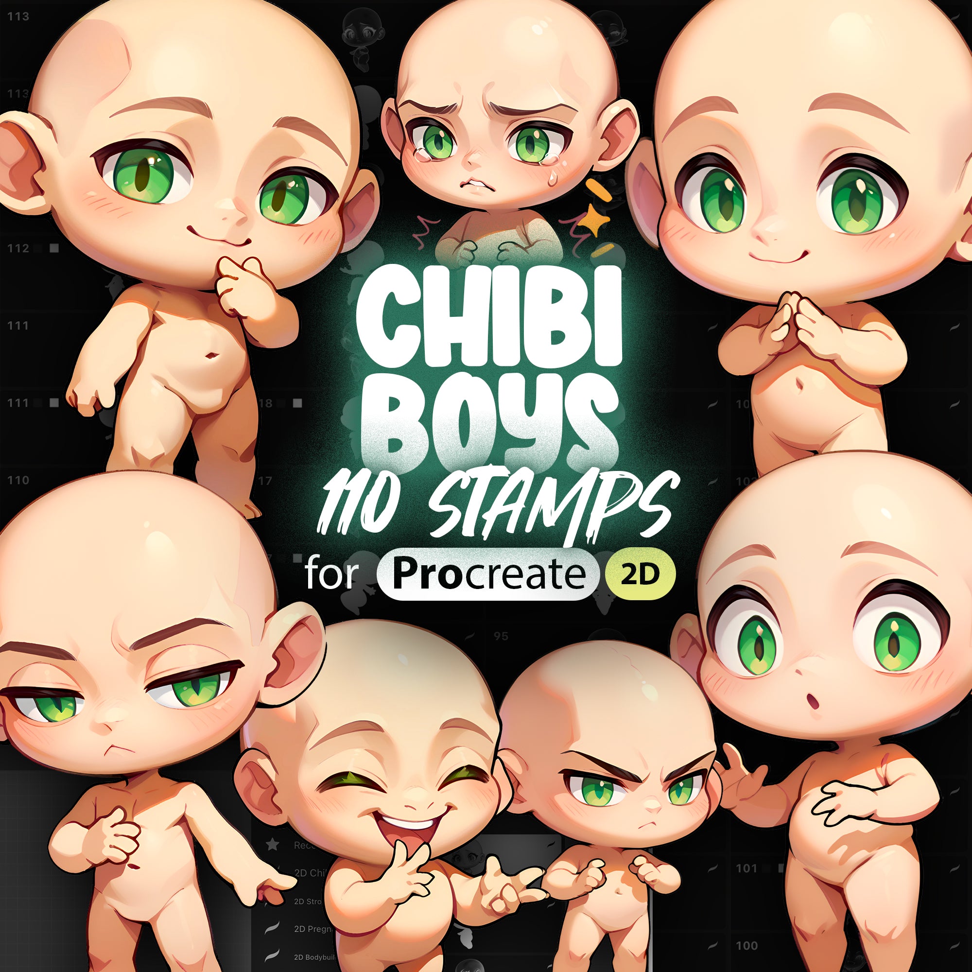 2D Procreate 110 Chibi Boys Stamps Brushes