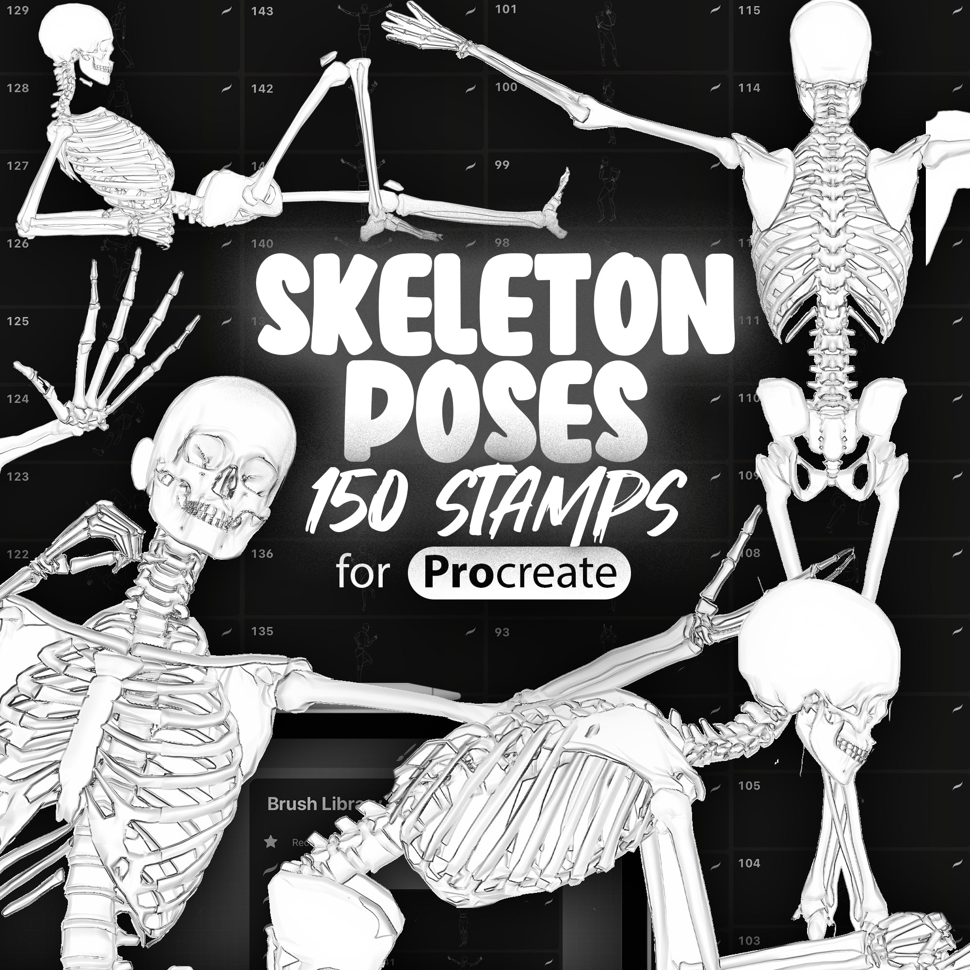 150 Procreate Skeleton Action Poses Stamps