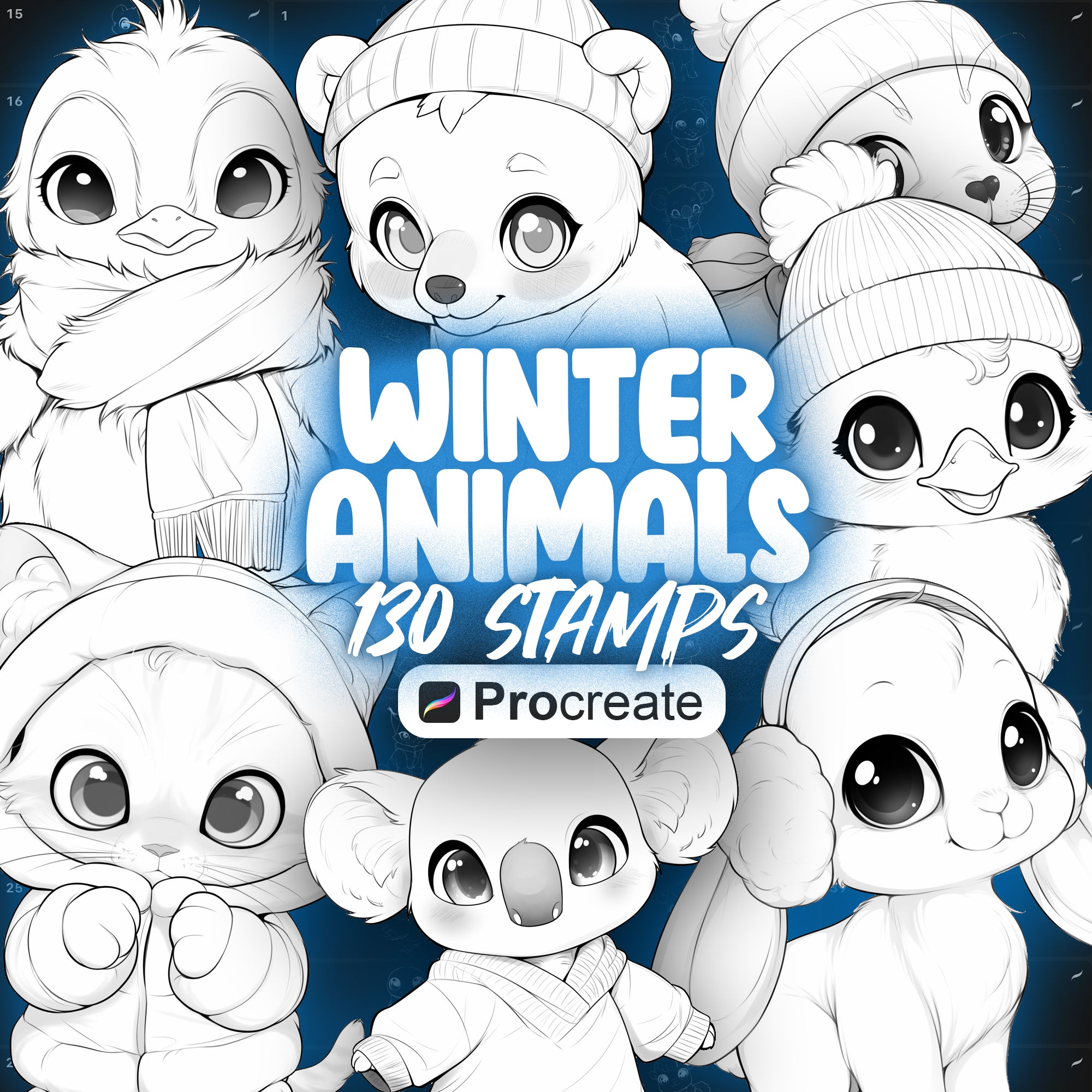 120 Procreate Cute Winter Animal Stamps