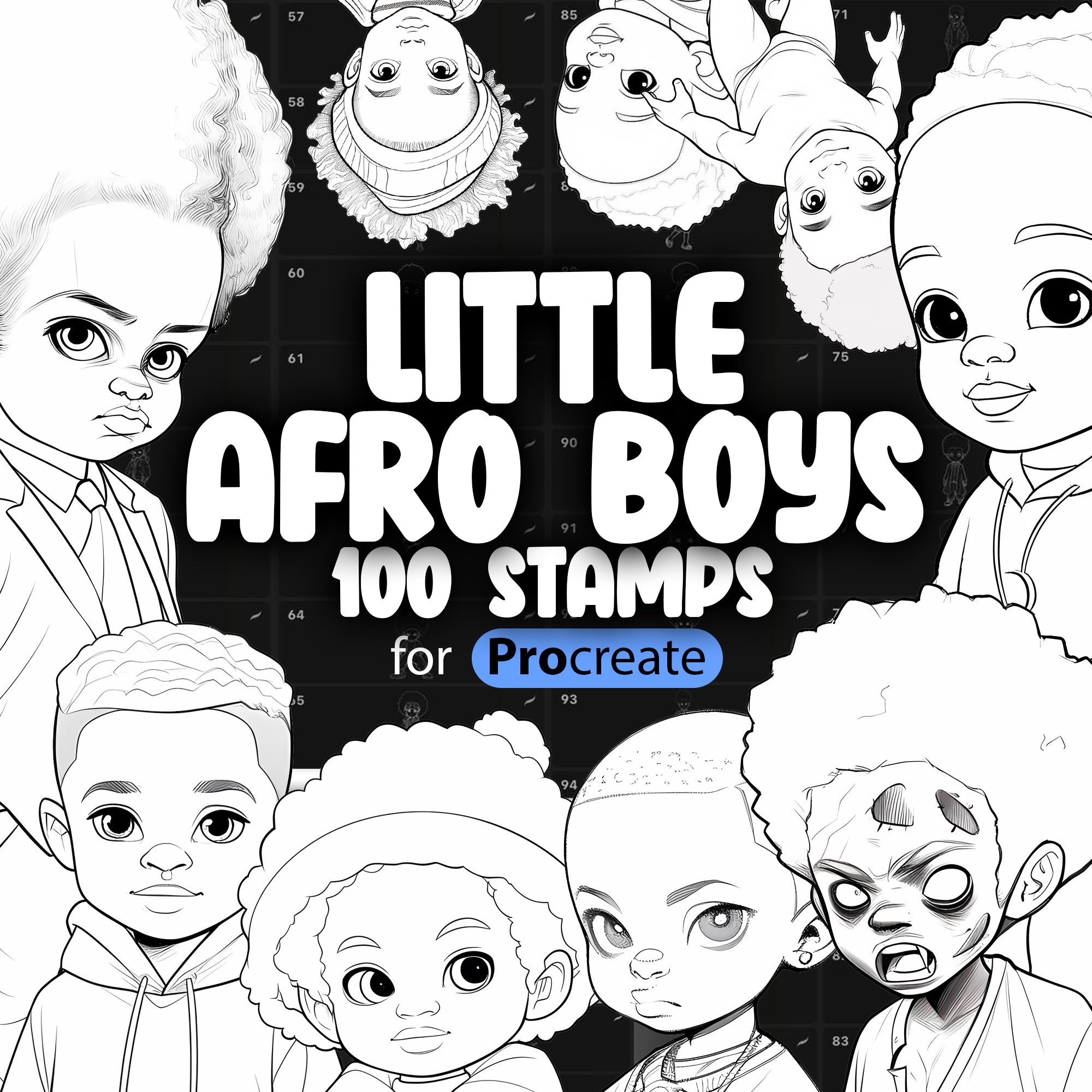 100 Procreate Little Afro Boys Stamps Brushes