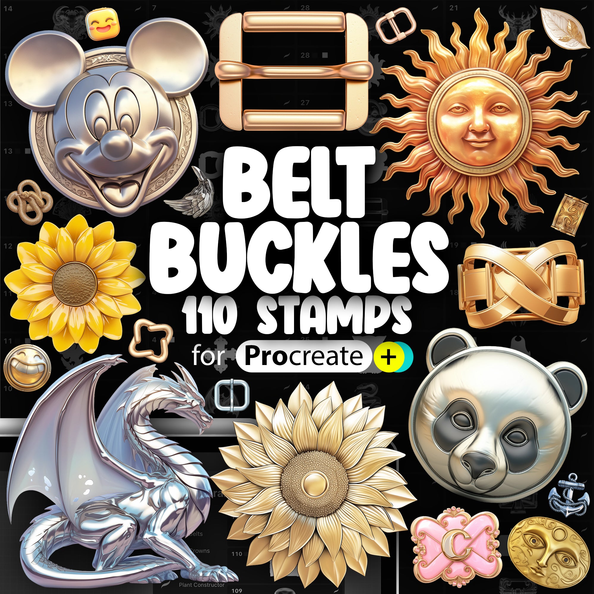 110 Procreate 2D Belt Buckles Stamp Brushes