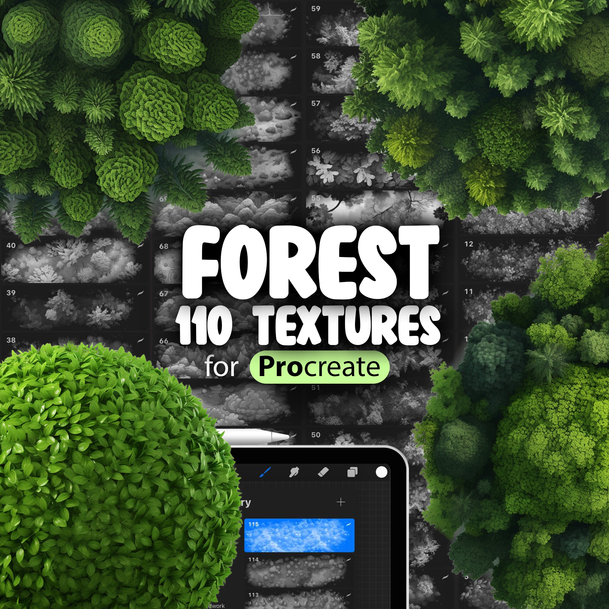 110 Procreate Forest Textures, Treetops Procreate Seamless Texture Brushes, Procreate Hedge Bush Texture Brushes