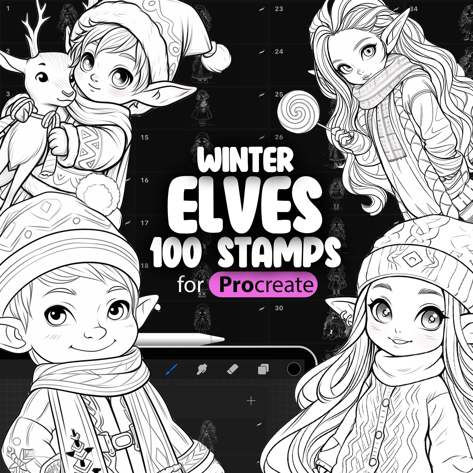 100 Procreate Winter Elves Stamps Brushes