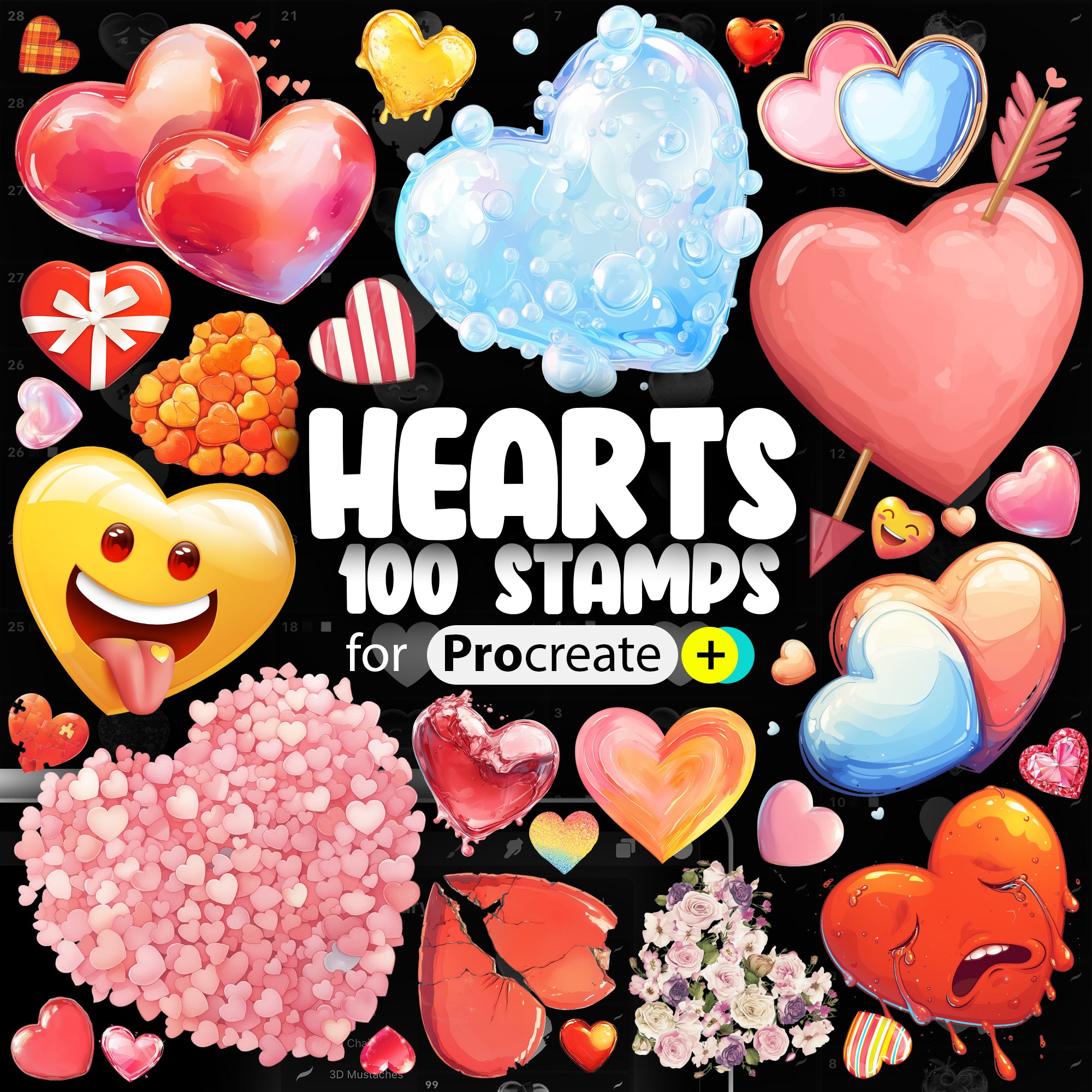 100 Procreate 2D Hearts Stamps Brushes