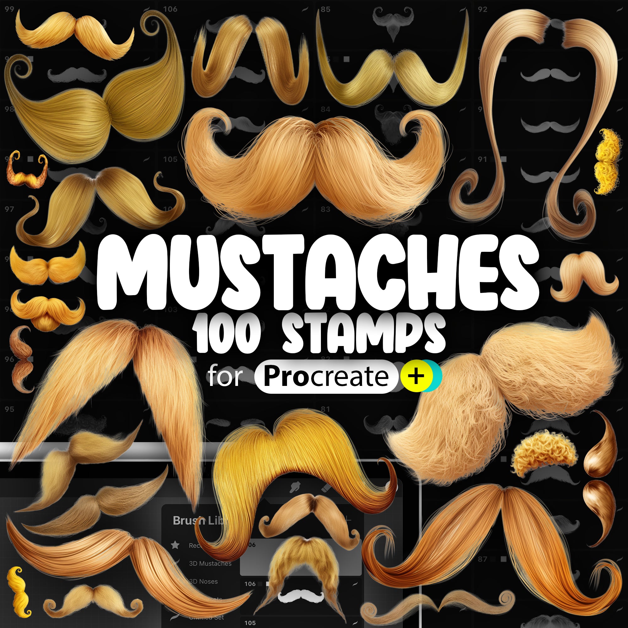 100 Procreate 2D Mustache Stamp Brushes
