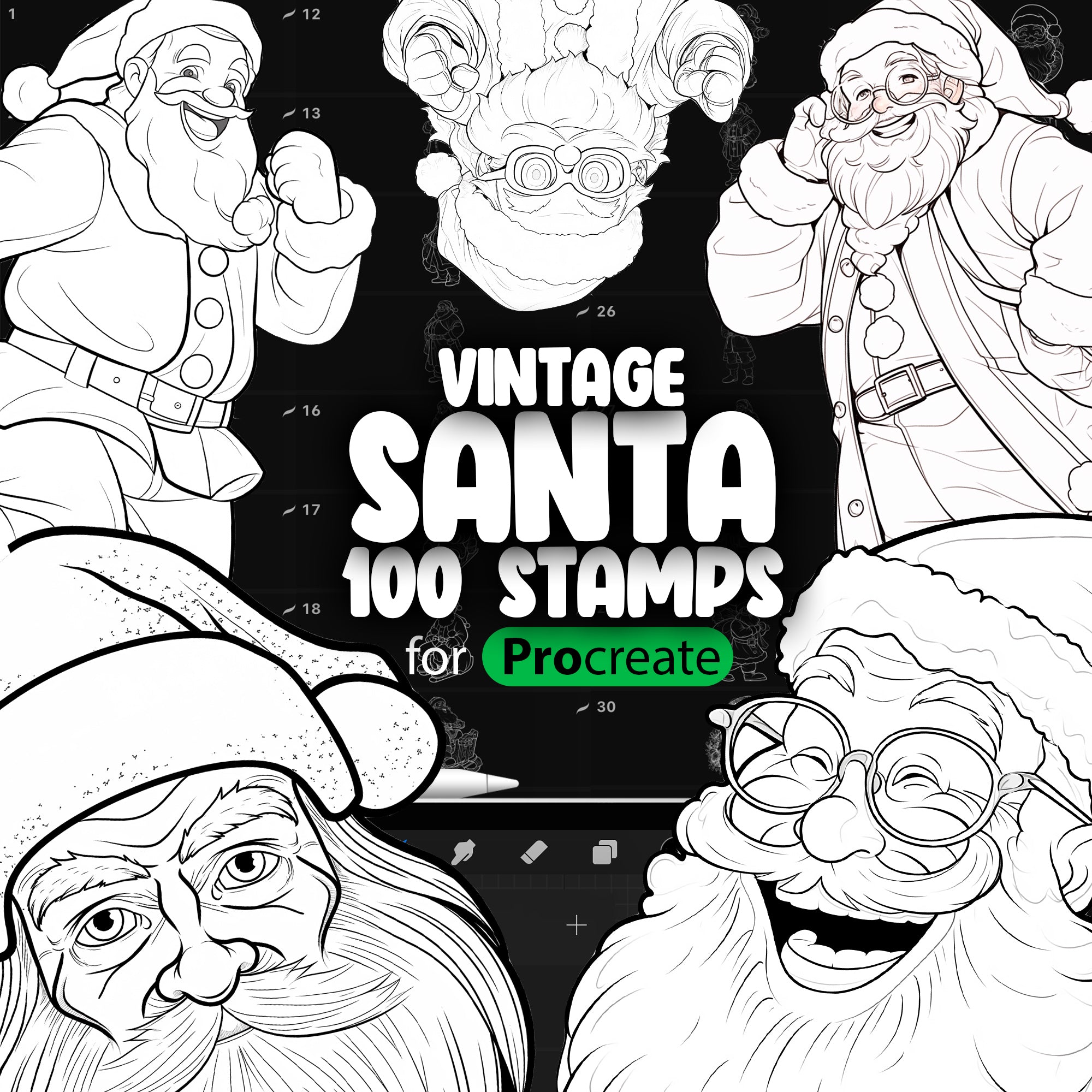 A collection of illustrated vintage Santa Claus and Christmas-themed stamps, with the text 'Vintage Santa 100 Stamps for Procreate'.