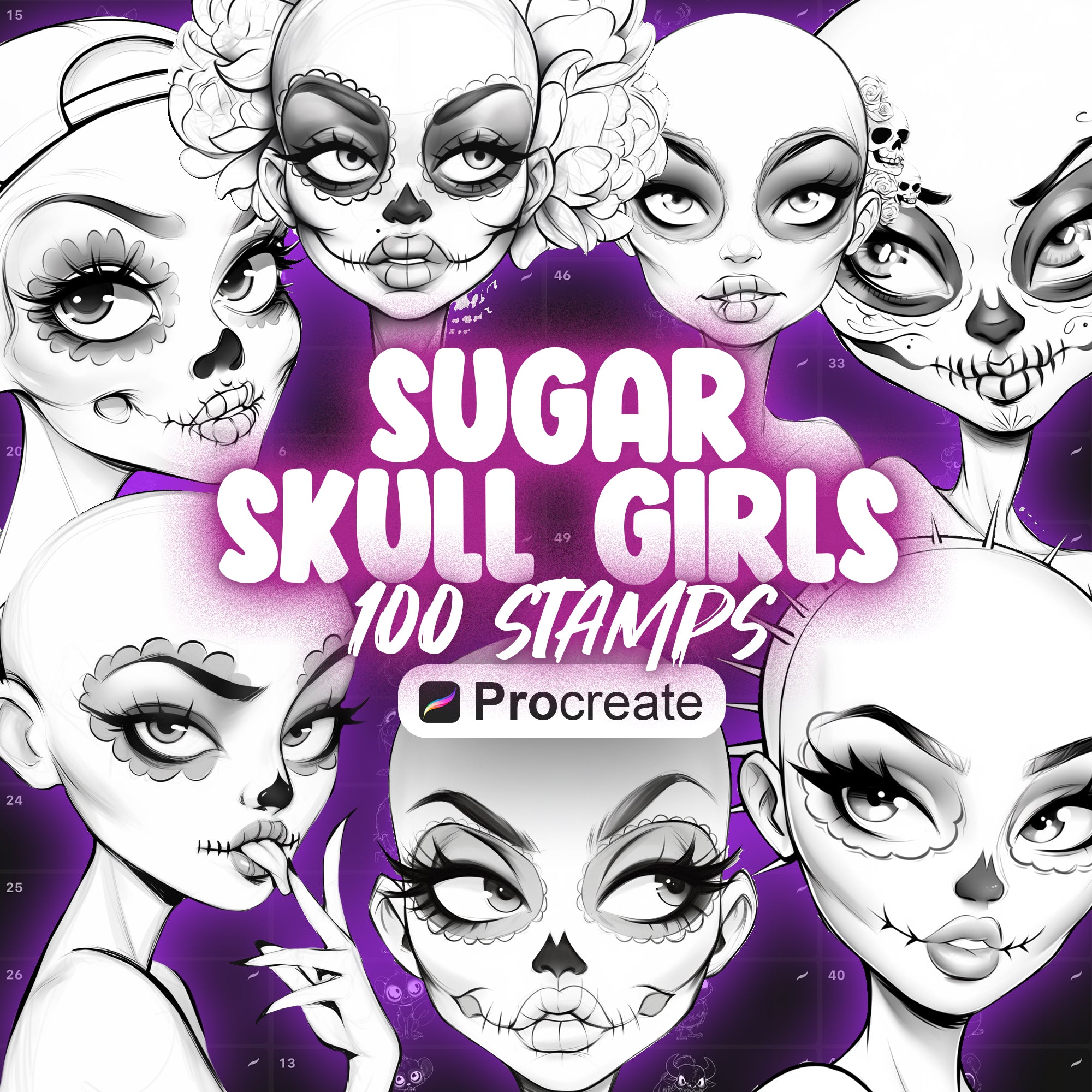100 Procreate Sugar Skull Girls Stamps Brushes