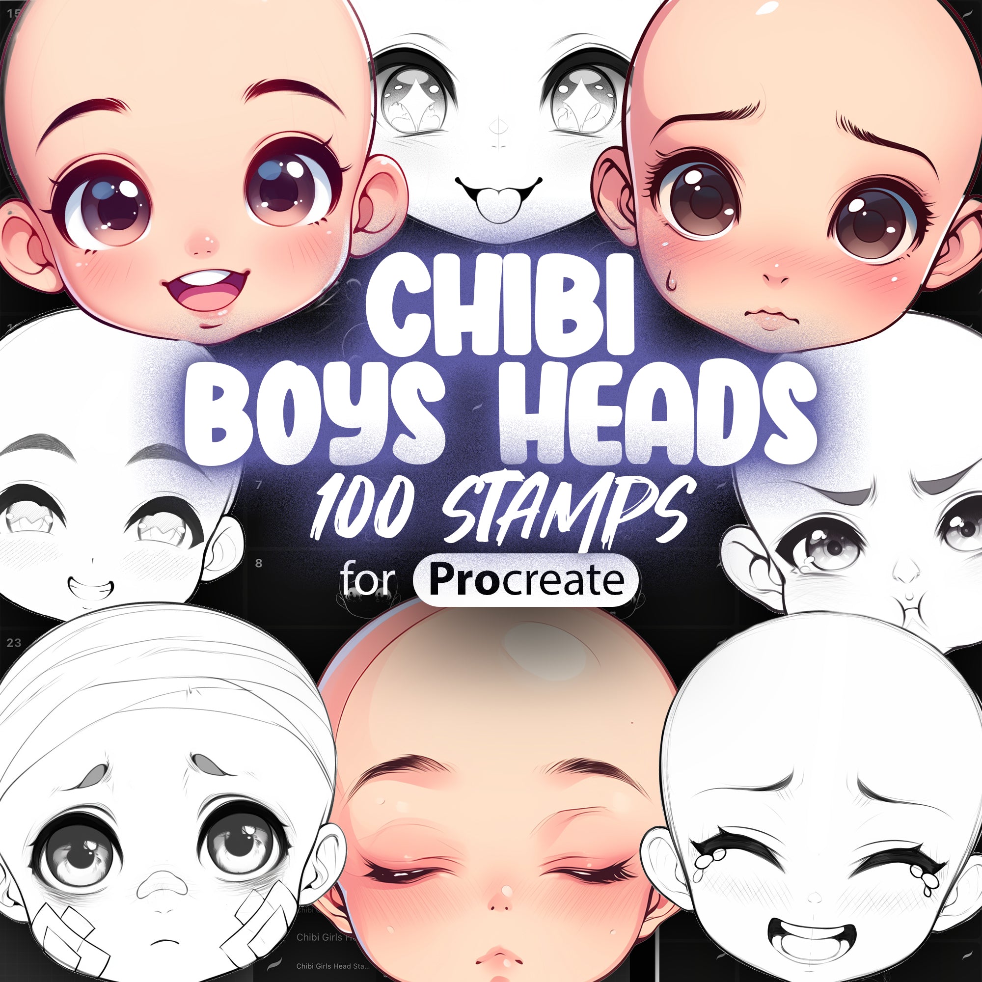 100 Procreate Chibi Boys Head Stamps