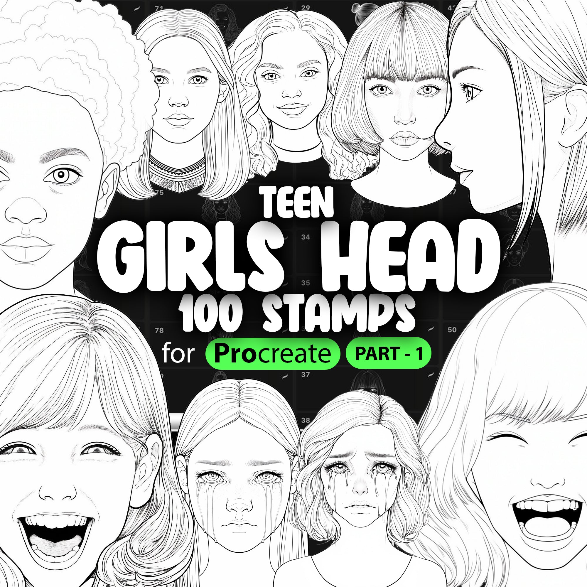 100 Procreate Teen Girls Head (Part-1) Stamp Brushes (aged 13-17 years old) Brushes