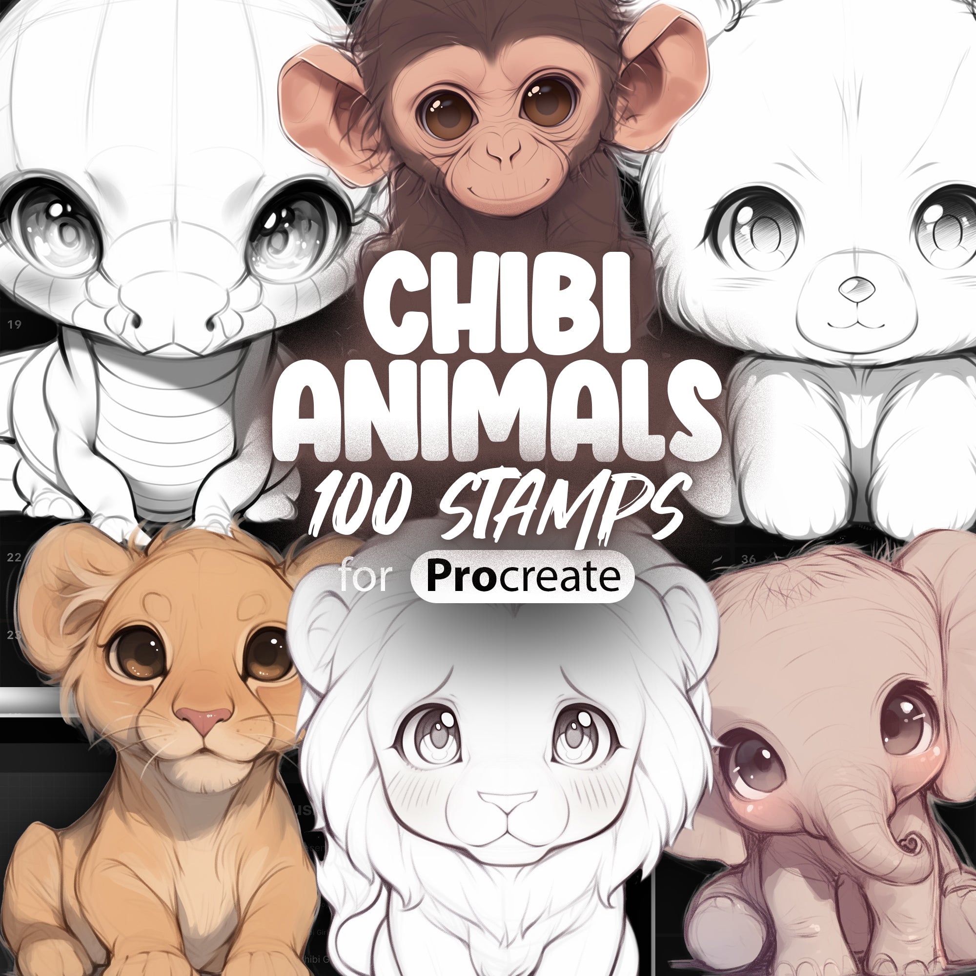 100 Procreate Chibi Animals Stamps