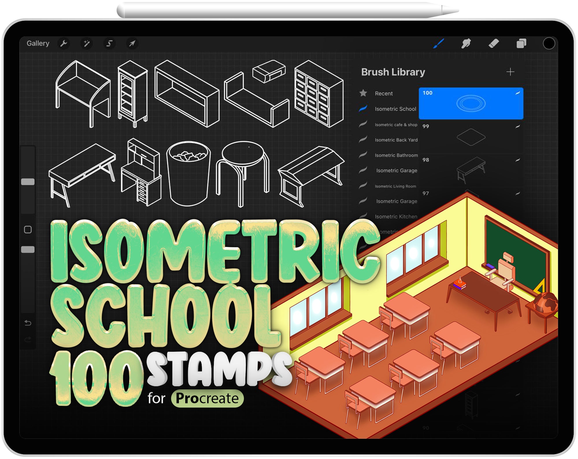 100 School Isometric Brush for Procreate