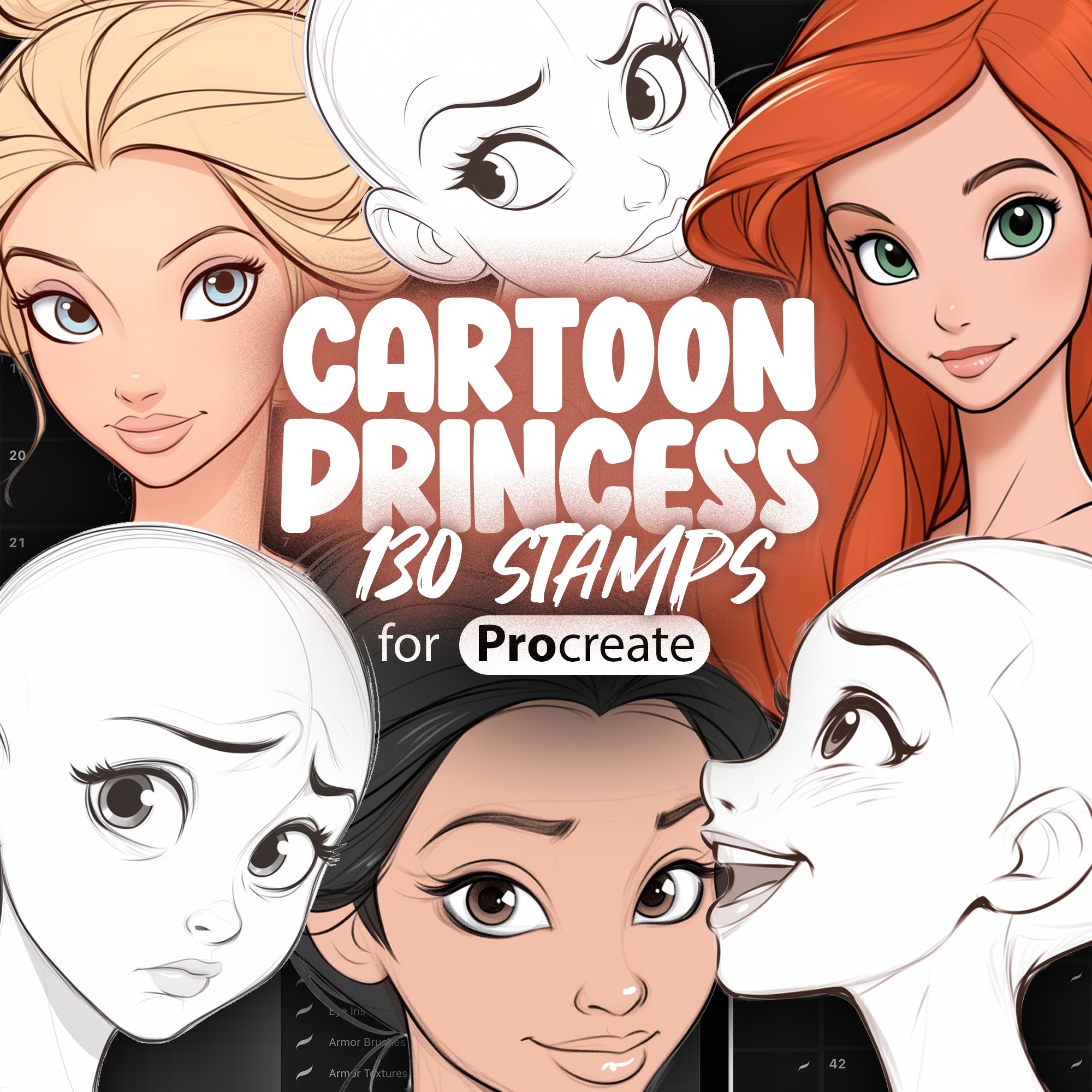 130 Procreate Cartoon Princesses Stamps