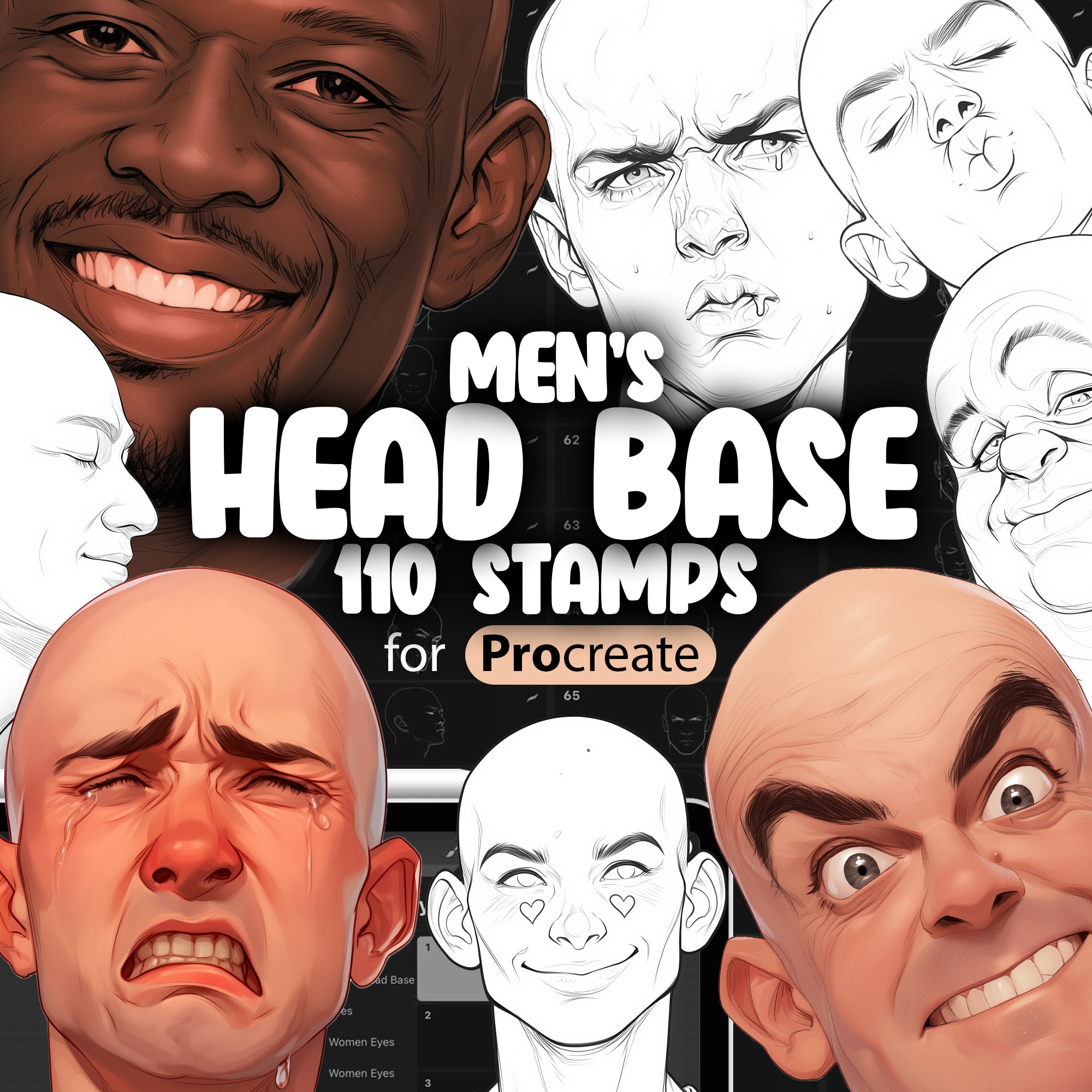 110 Procreate Men's Heads Base Stamps Brushes