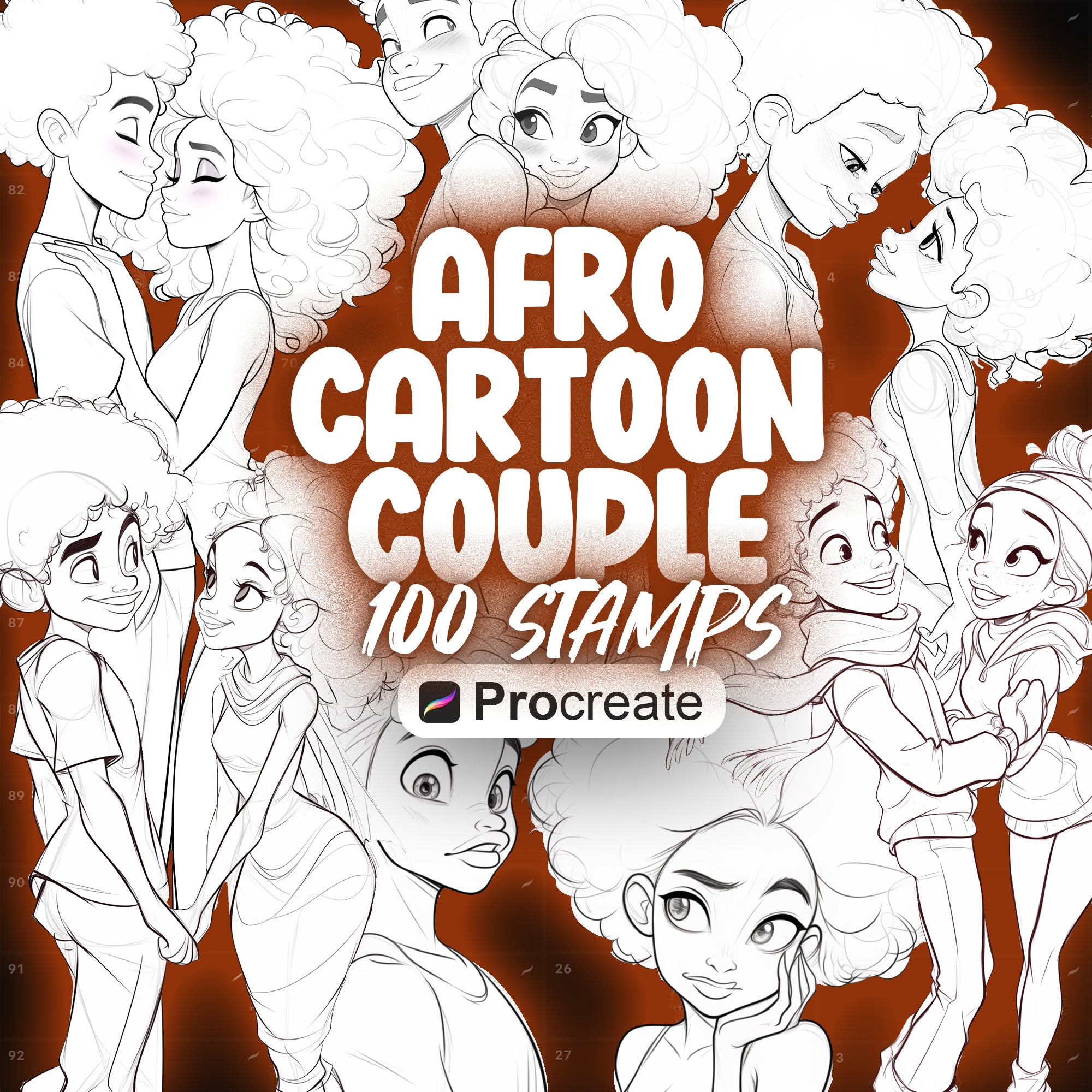 100 Procreate Cartoon Afro Couple Stamps Brushes