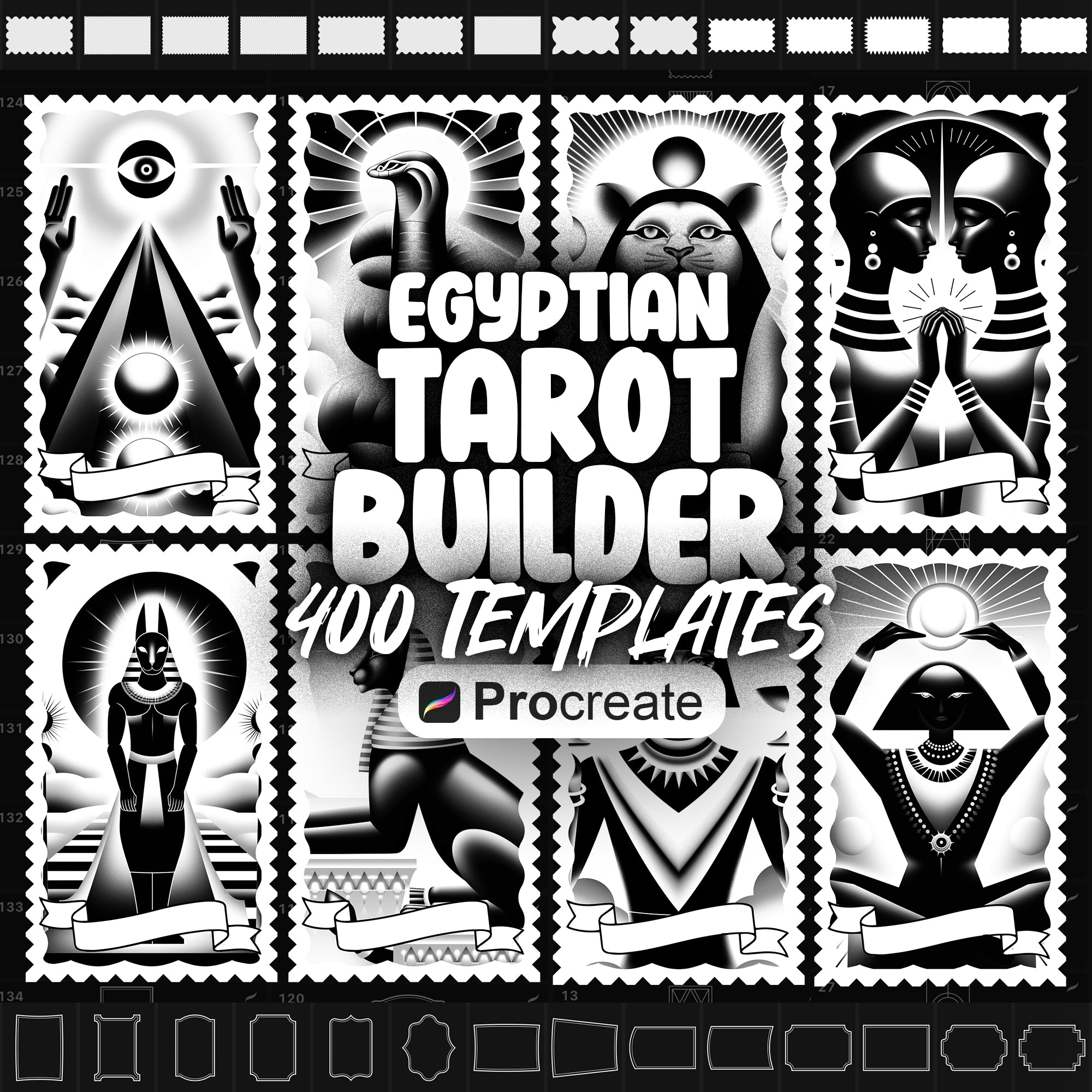 A collection of Procreate Egyptian Tarot Card Templates, featuring various designs with Egyptian-inspired symbols and deities.