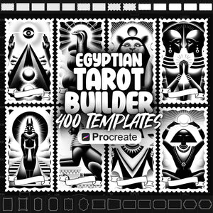 A collection of Procreate Egyptian Tarot Card Templates, featuring various designs with Egyptian-inspired symbols and deities.