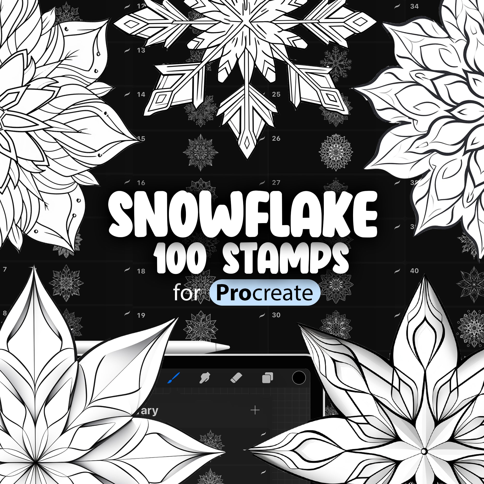 A collection of Procreate snowflake stamps, featuring various intricate designs, advertised as 100 stamps for Procreate.