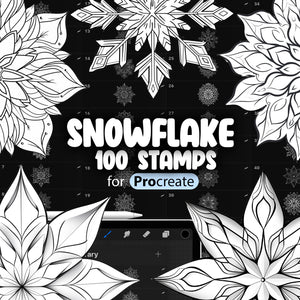 A collection of Procreate snowflake stamps, featuring various intricate designs, advertised as 100 stamps for Procreate.