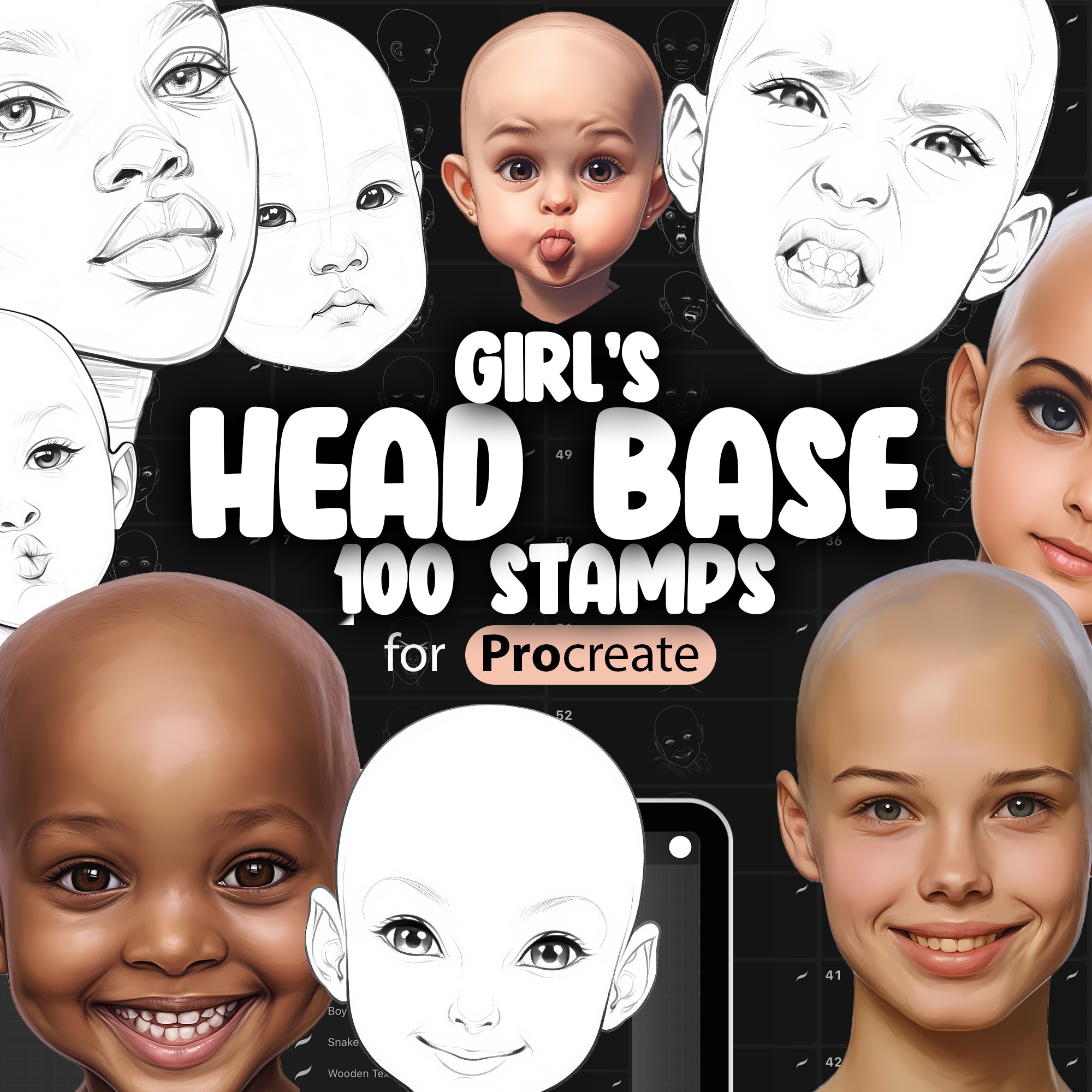100 Procreate Girl's Heads Base Stamps Brushes