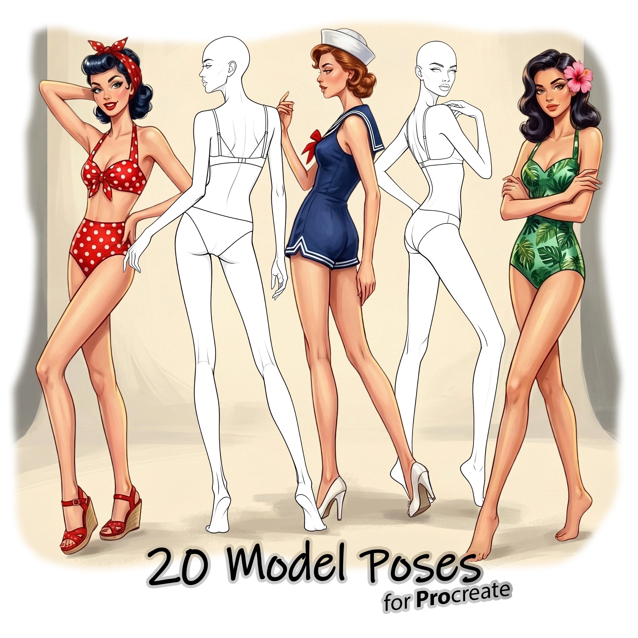 20 Procreate Female Model Poses Stamp Brushes