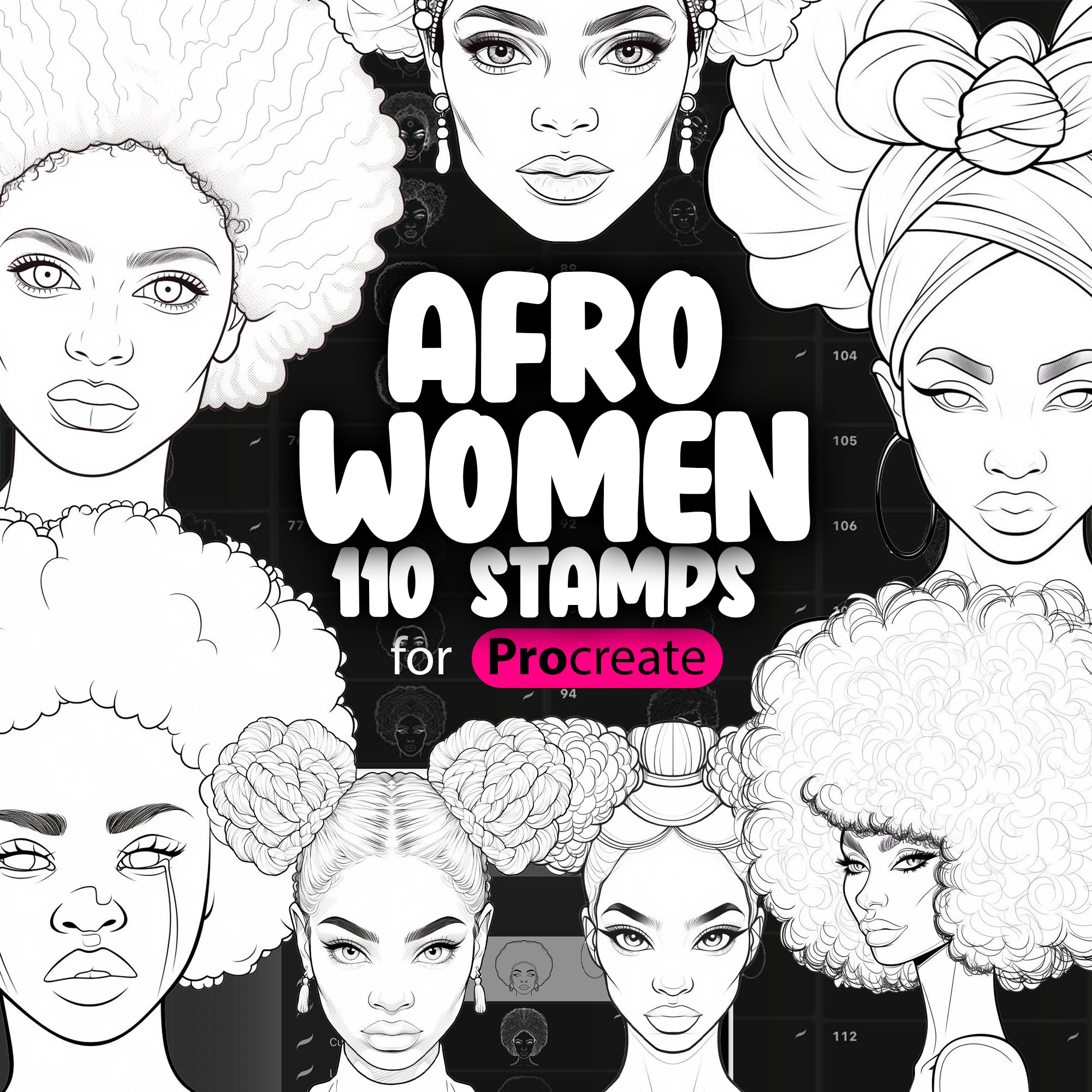 110 Procreate Afro Woman Stamp Brushes, Procreate African Woman Brush, Procreate African-American Stamps, Native African Girls Stamps