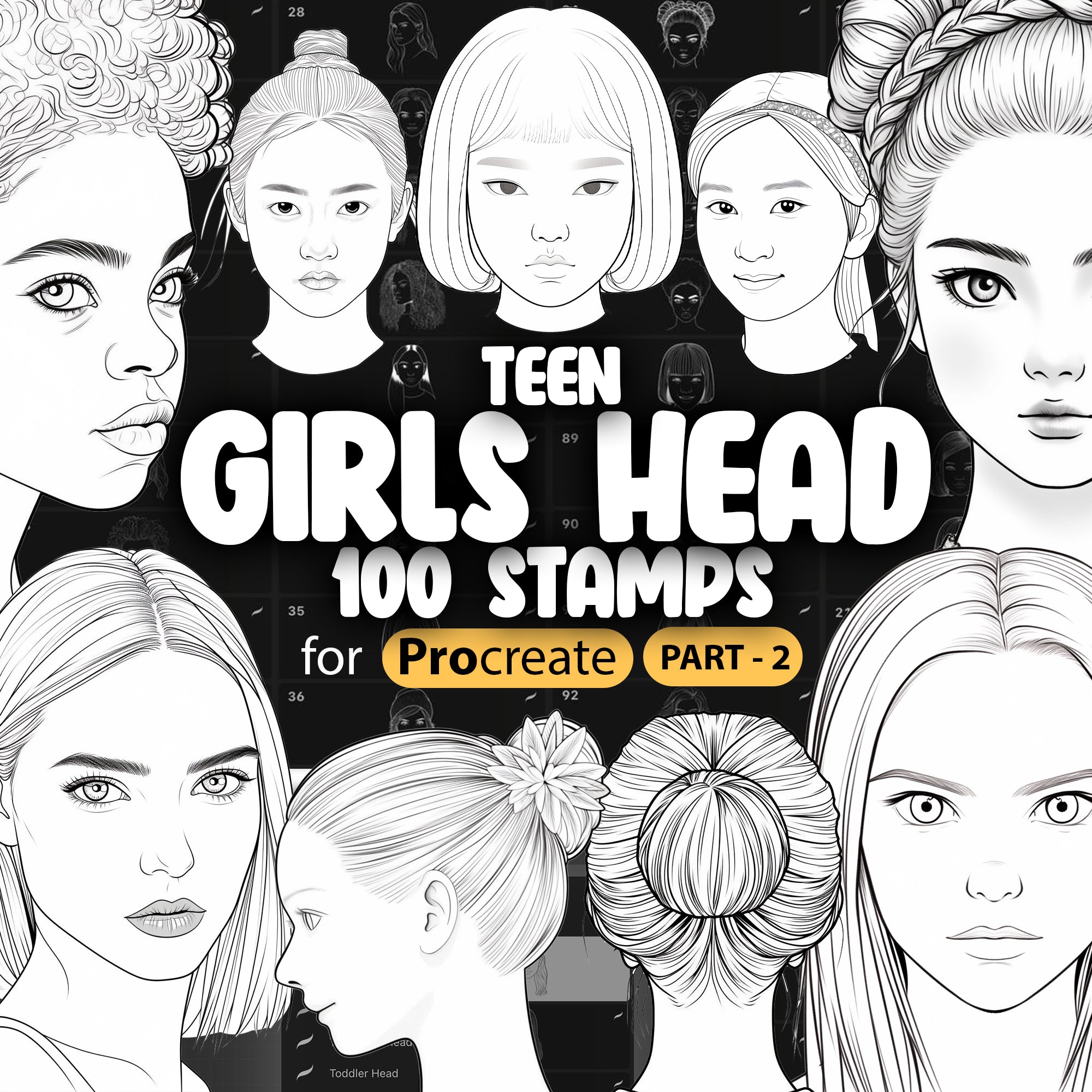 100 Teen Girls Head (Part-2) Stamp Brushes (aged 13-17 years old), Procreate Woman Head Stamp Brushes, Procreate Girl Head Brush