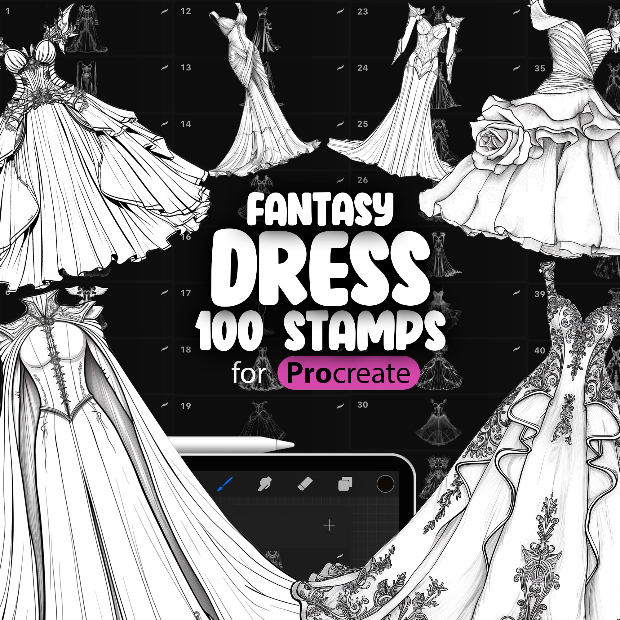 100 Procreate Fantasy Dress Stamps Brushes