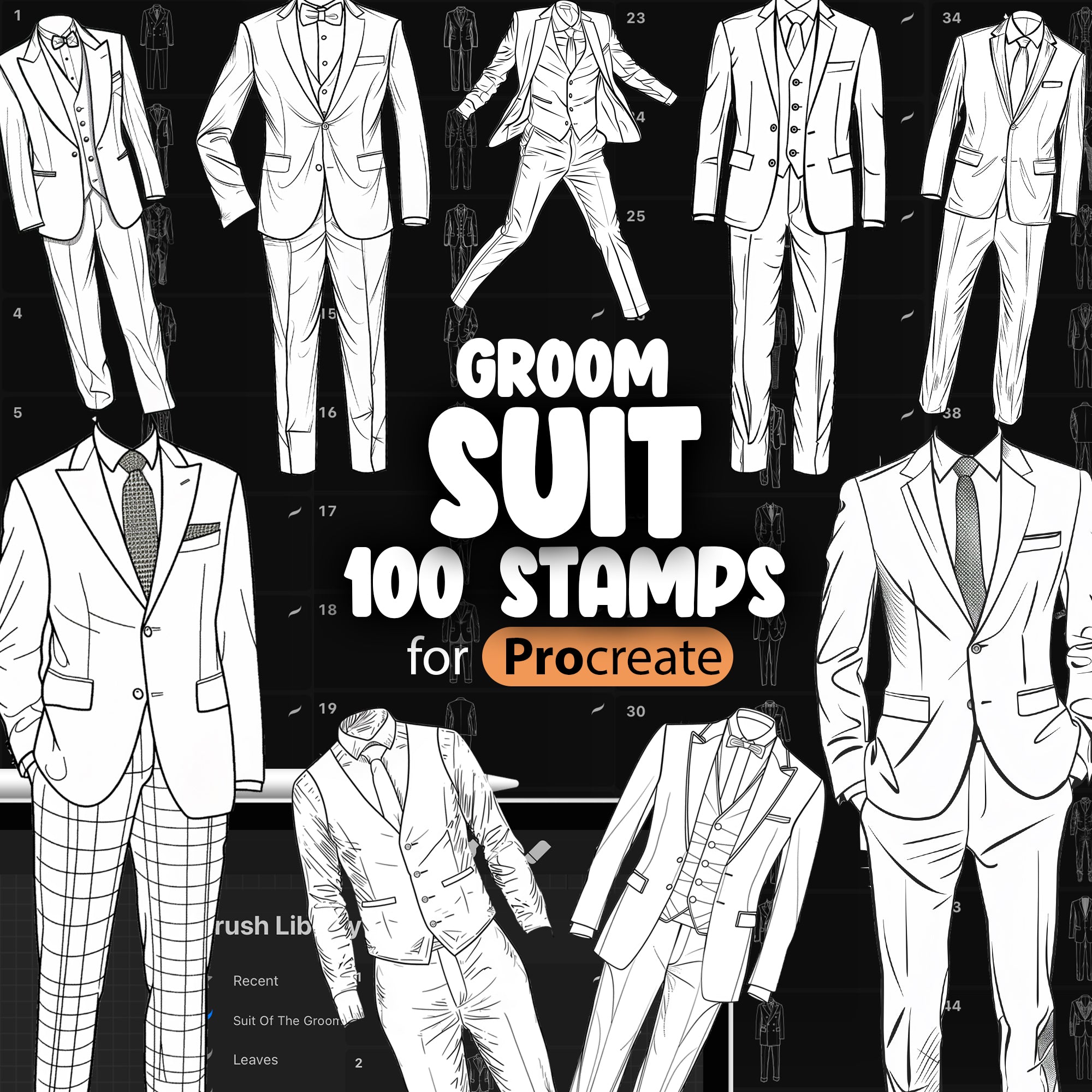 100 Procreate Suit of the Groom Stamp Brushes