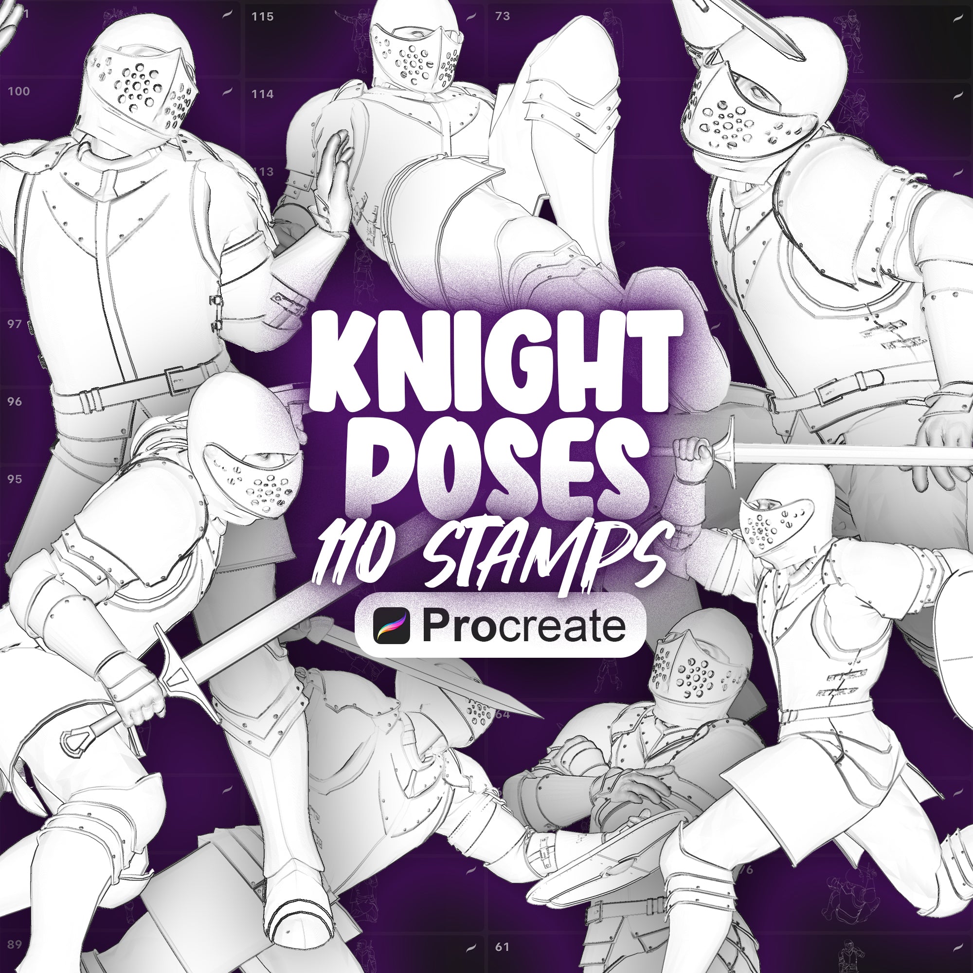 110 Procreate Knight Poses Stamps Brushes