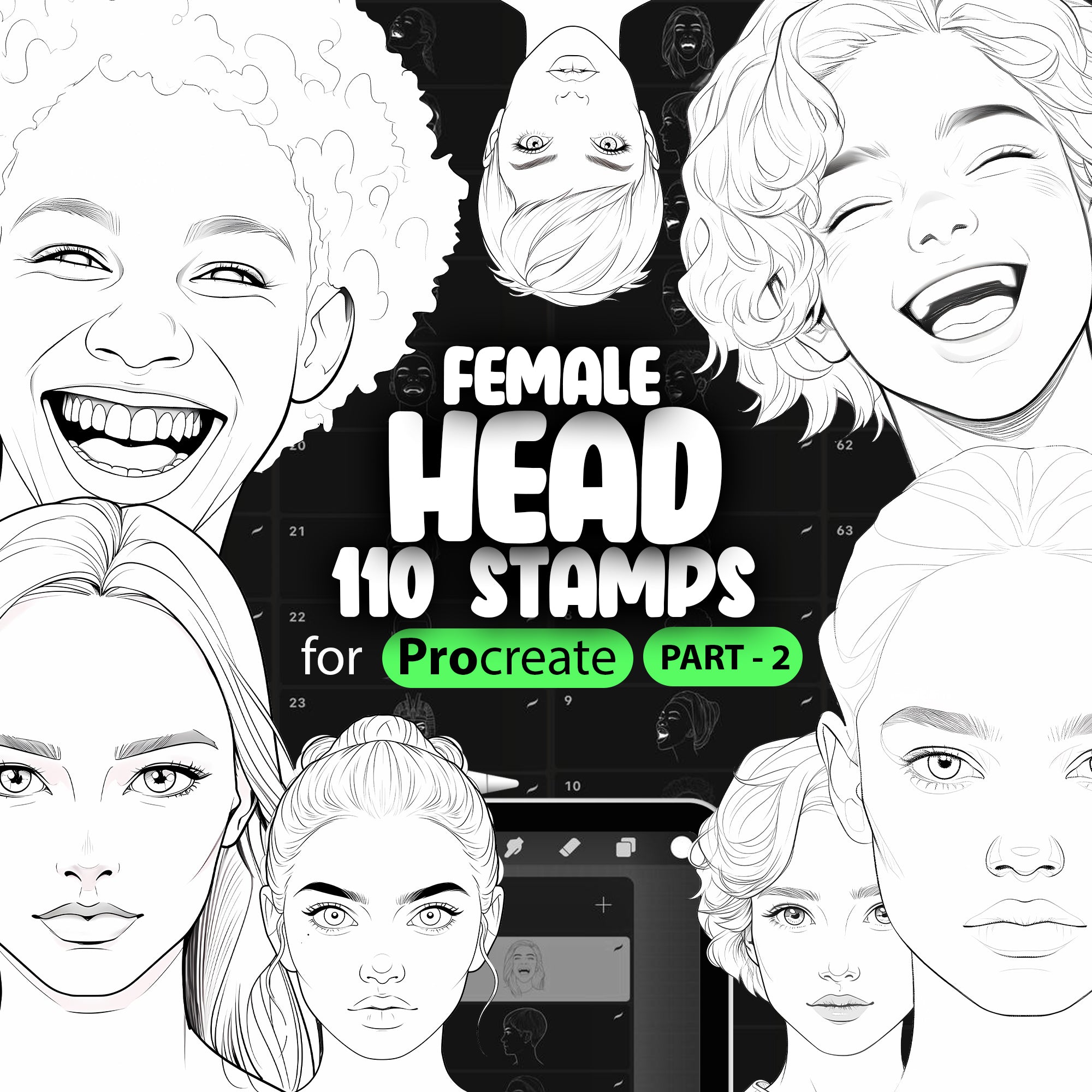 110 Procreate Female Head Stamps Part -2, Procreate Woman Head Stamp Brushes, Procreate Girl Head Stamp Brushes, Procreate Face Brushes