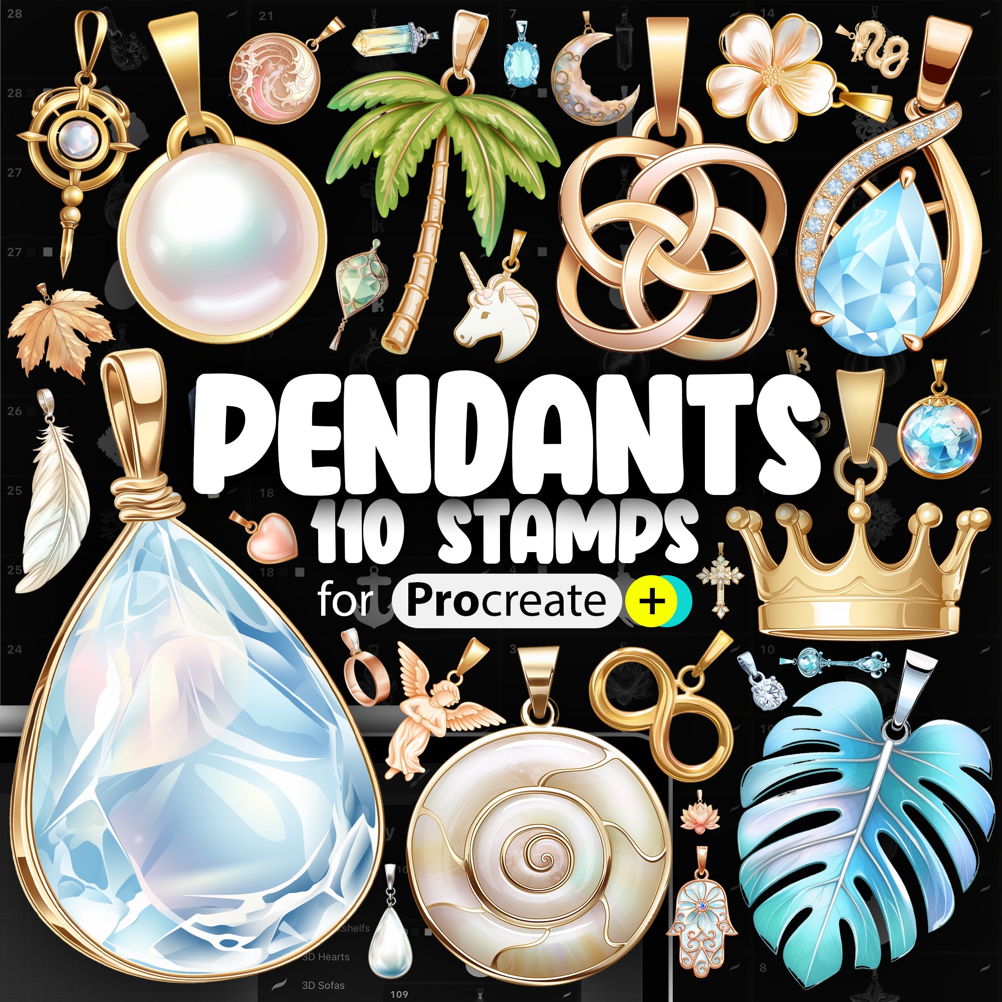 110 Procreate Pendants Stamp Brushes | Procreate Jewelry Stamp Brushes | Procreate Charm Pendant | Procreate Medallion | Procreate Locket
