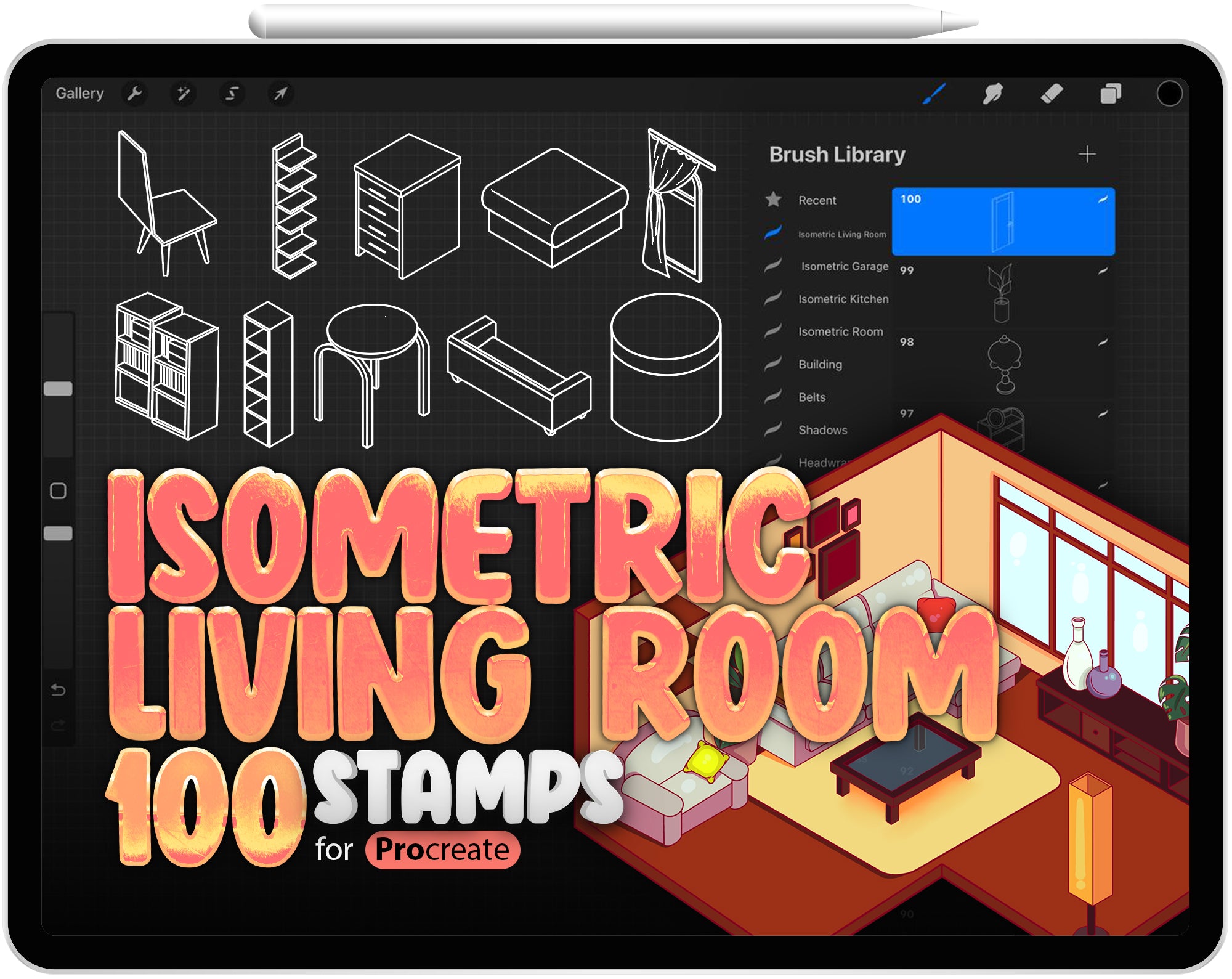 100 Living Room Isometric Brush for Procreate